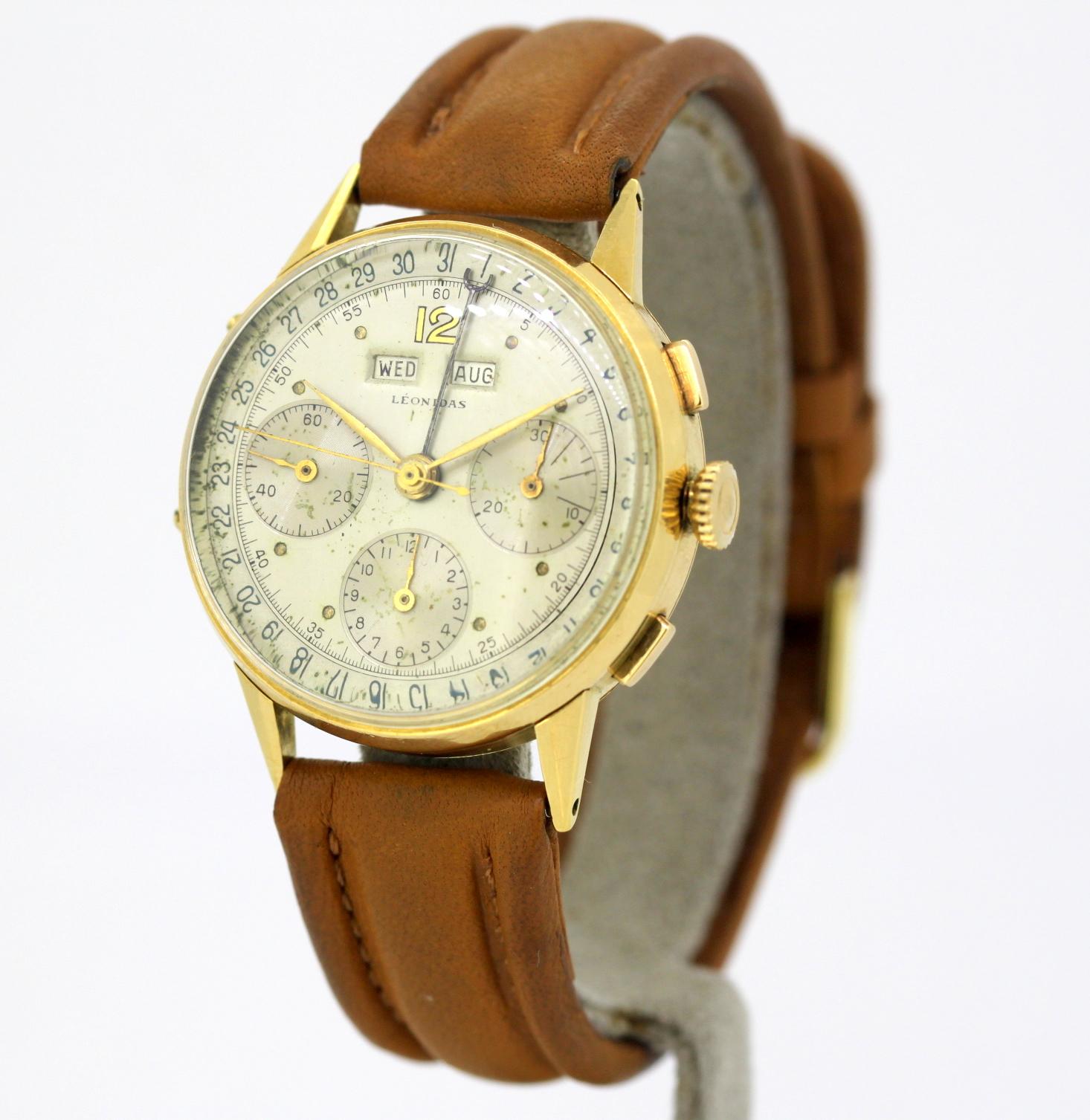 Leonidas Triple Calendar Chronograph, 18 Karat Yellow Gold, 1950s For ...