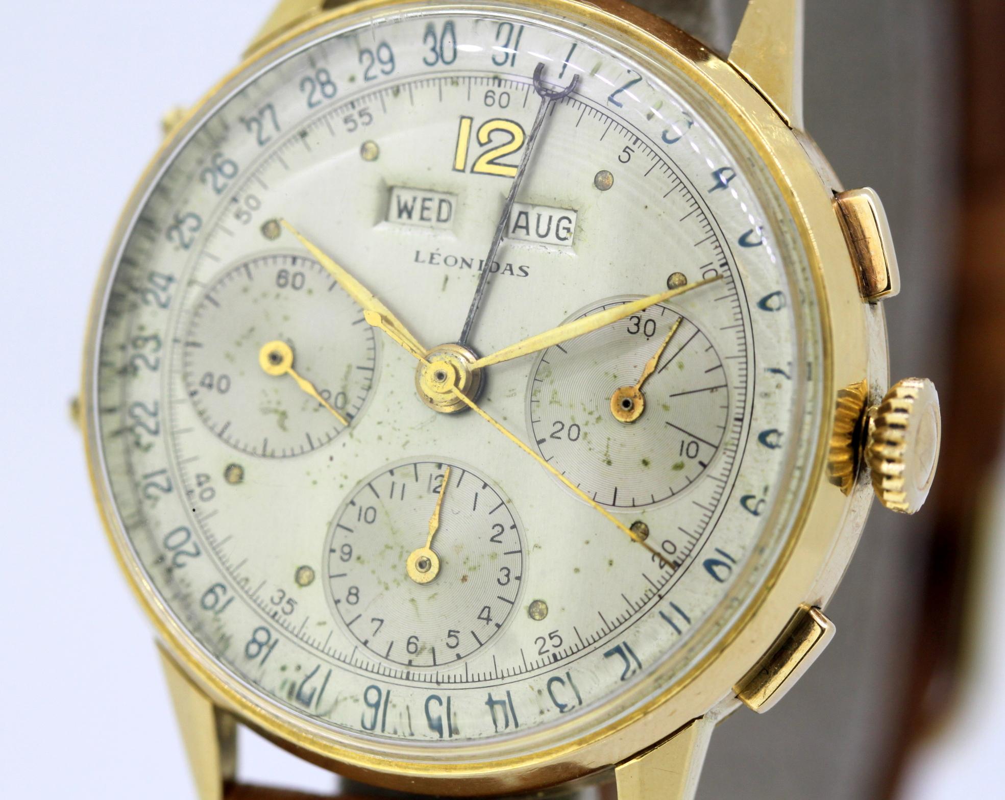 Leonidas Triple Calendar Chronograph, 18 Karat Yellow Gold, 1950s For ...