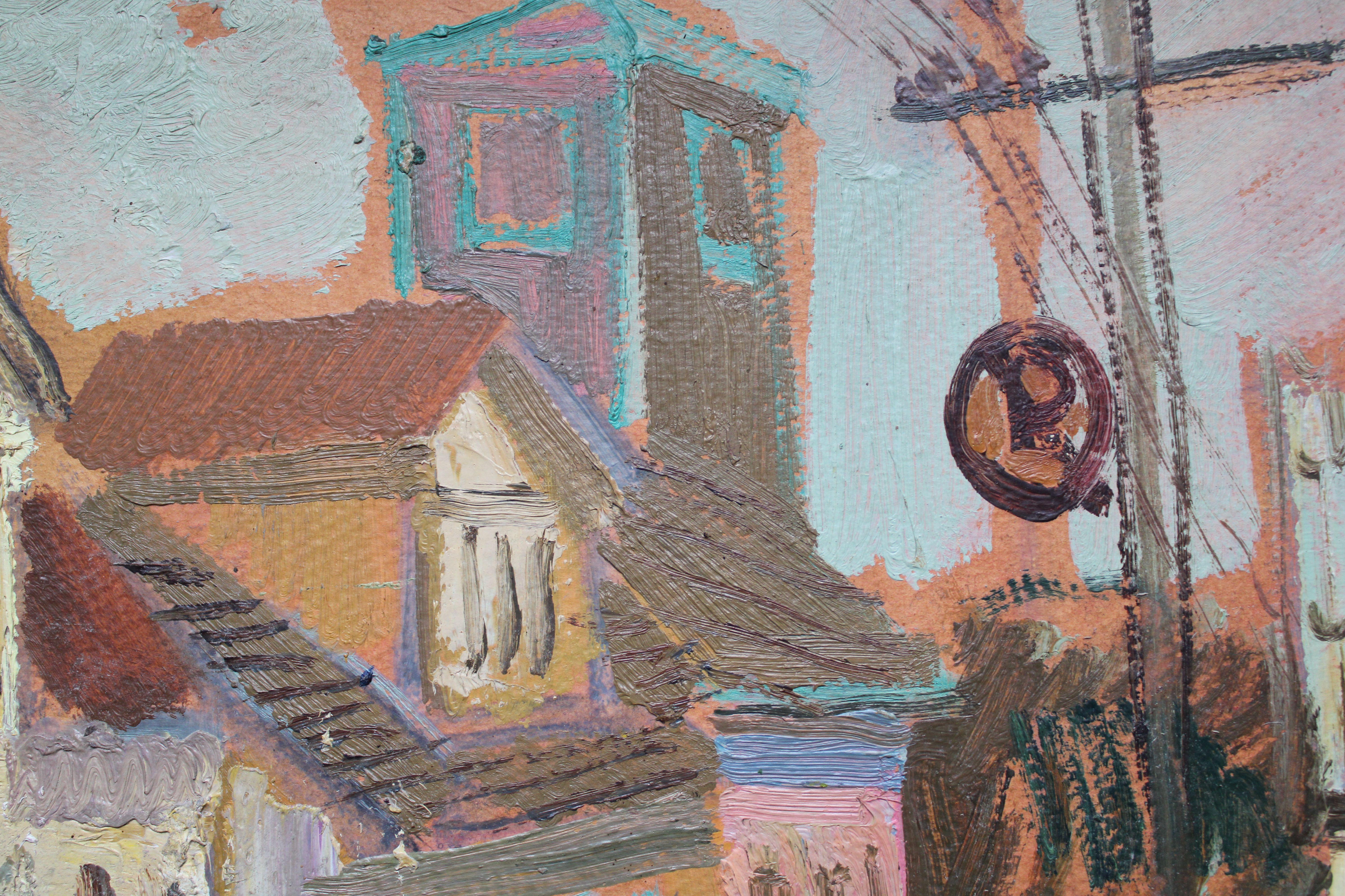 Old town . Oil on cardboard 47, x68 cm. - Impressionist Painting by Leonids Maurins