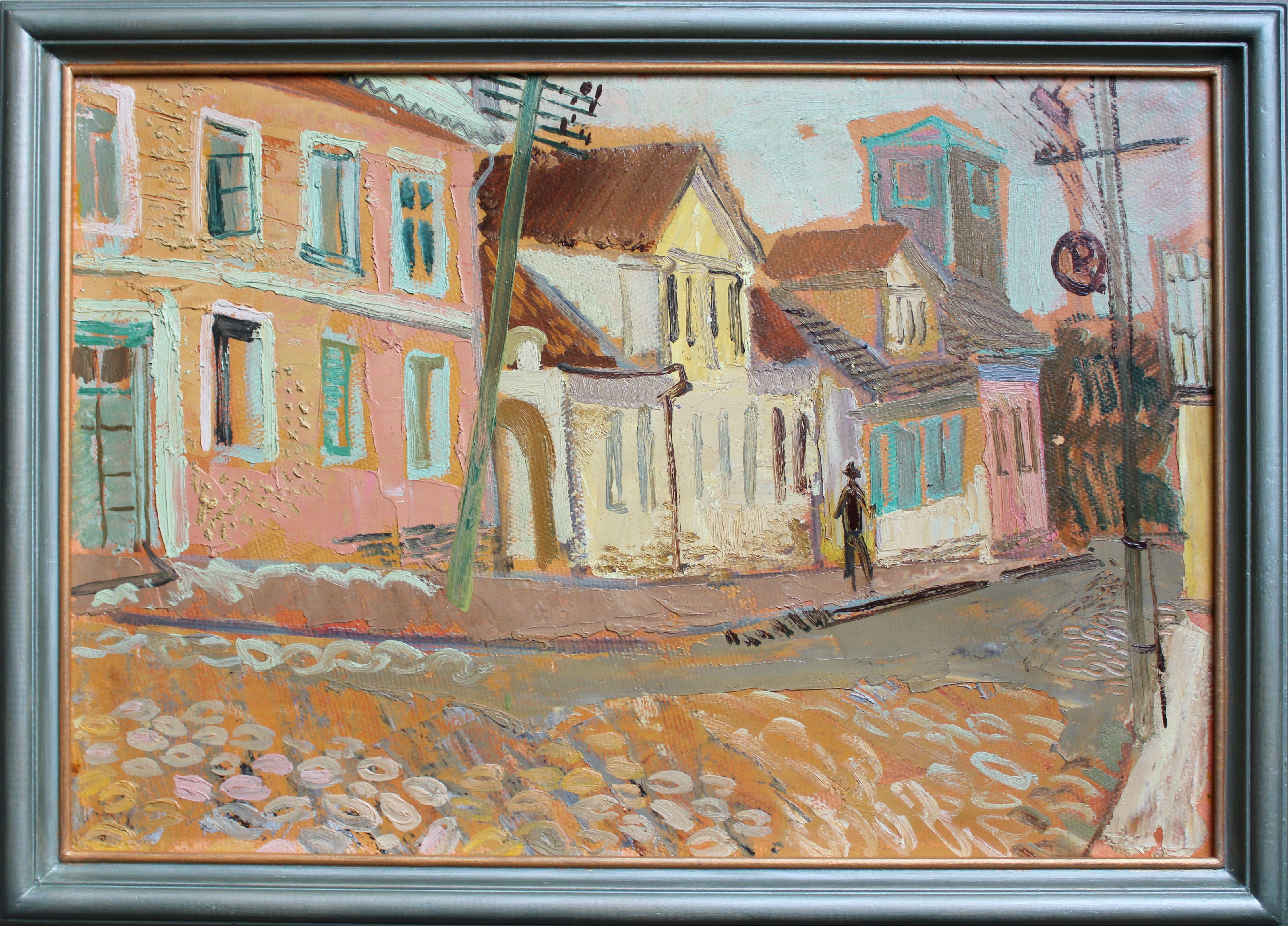 Old town . Oil on cardboard 47, x68 cm. - Painting by Leonids Maurins