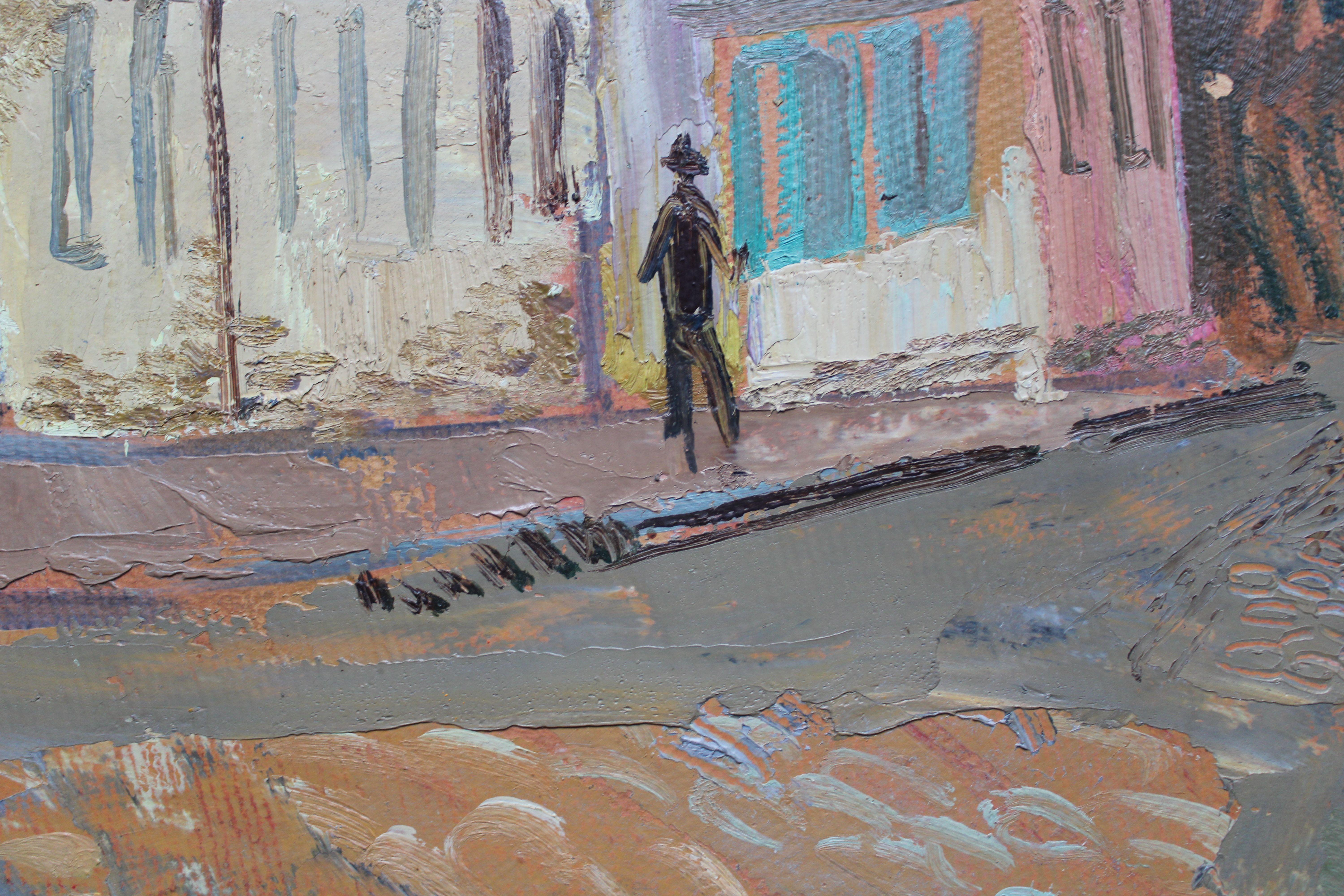 Old town . Oil on cardboard 47, x68 cm. - Brown Landscape Painting by Leonids Maurins