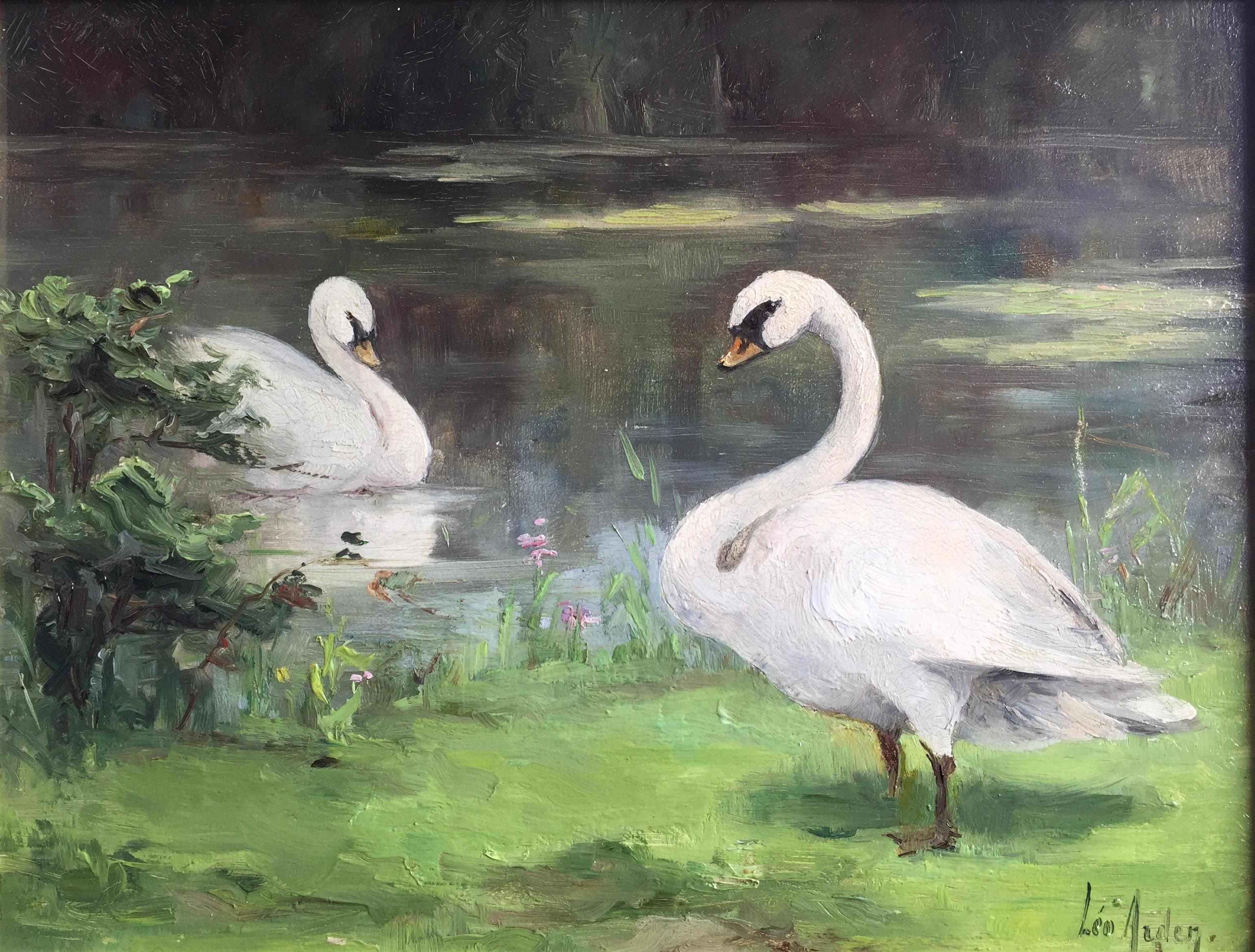 A Pair of Swans, Leonie Arden, Antwerp 1859 – 1904 Brussels, Belgian, Signed - Painting by Leonie Arden Leo