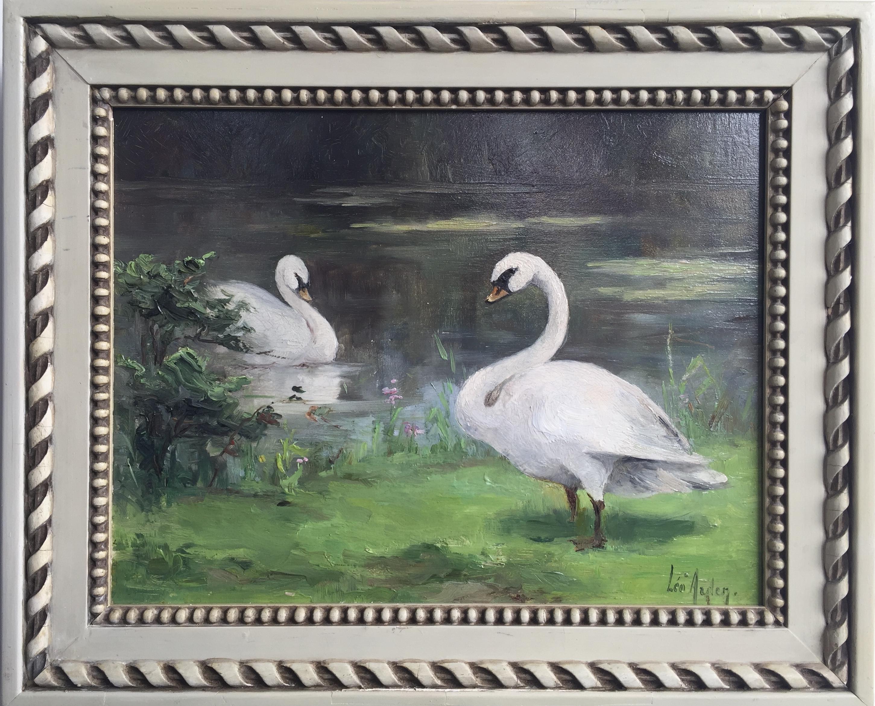 Leonie Arden Leo Landscape Painting - A Pair of Swans, Leonie Arden, Antwerp 1859 – 1904 Brussels, Belgian, Signed