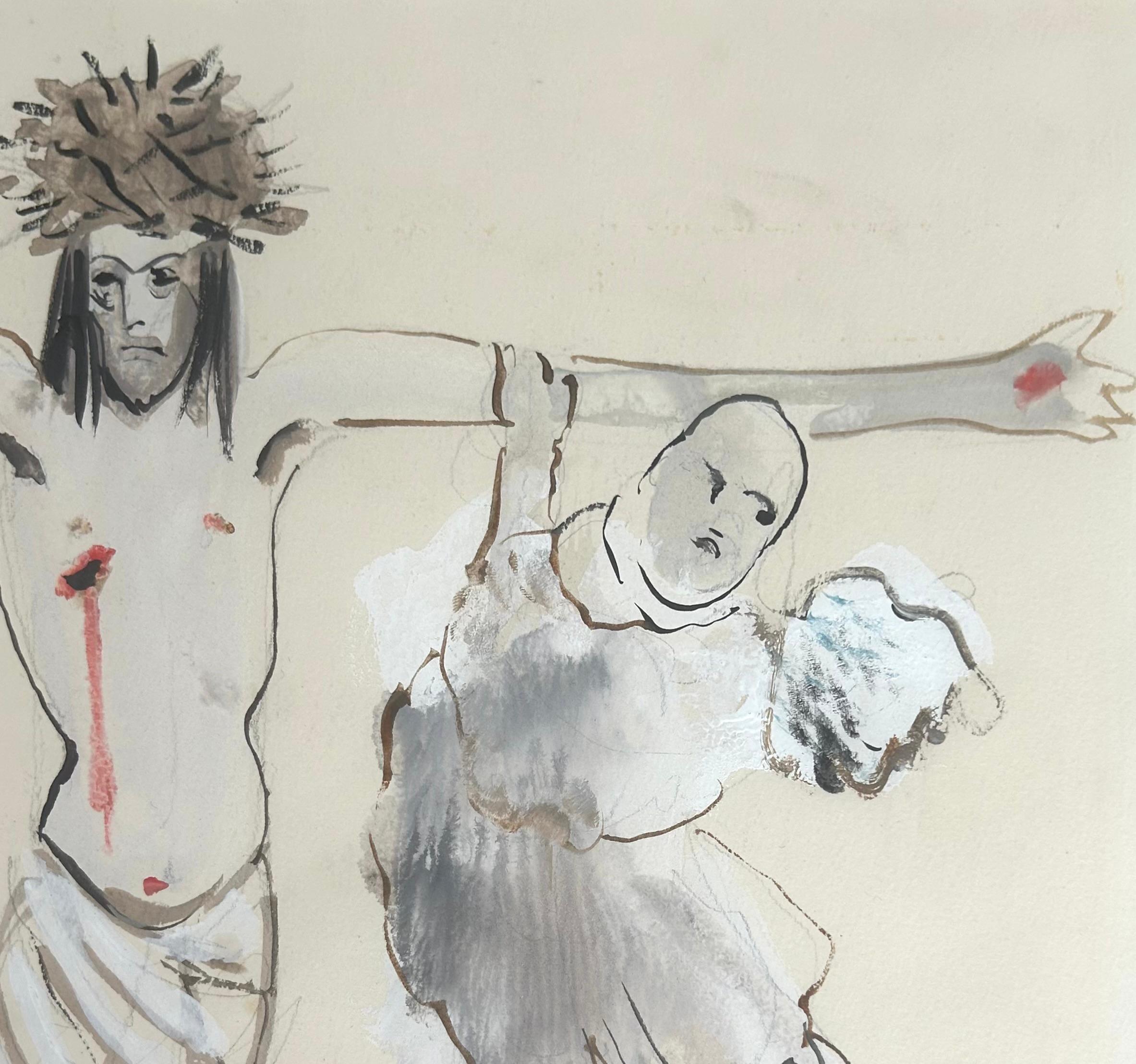 Le Concile d'Amour - Gouache su carta Donna pittrice surrealista unica, 1968 - Nude Painting Beige di Leonor Fini