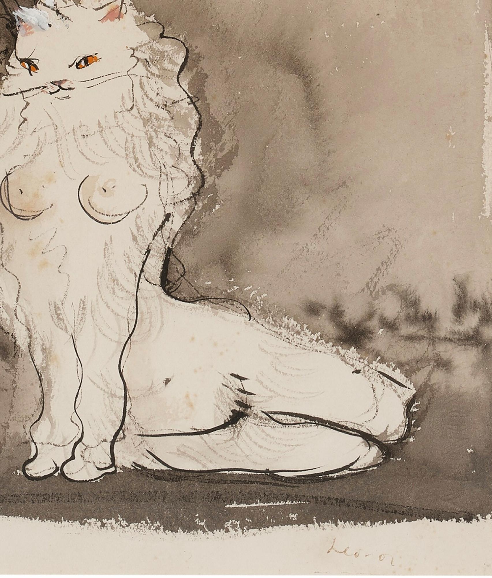 Sexy Katze  Nackte Katzenfrau mit Einhorn  -  Chat Surrealist  – Painting von Leonor Fini