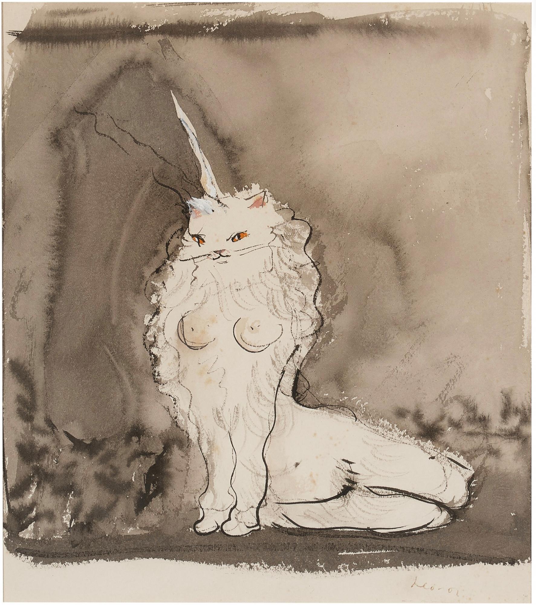 Leonor Fini Nude Painting - Sexy Cat  - Nude Unicorn Cat Woman  -  Chat Surrealiste 