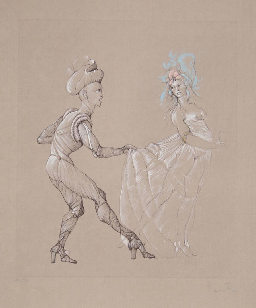 Künstlerin: Leonor Fini
Titel: Unbetitelt IV
Jahr: ca. 1970
Medium: Radierung, mit Bleistift signiert und nummeriert
Auflage: 180/280
Größe: 26 Zoll x 19,5 Zoll (66,04 cm x 49,53 cm)