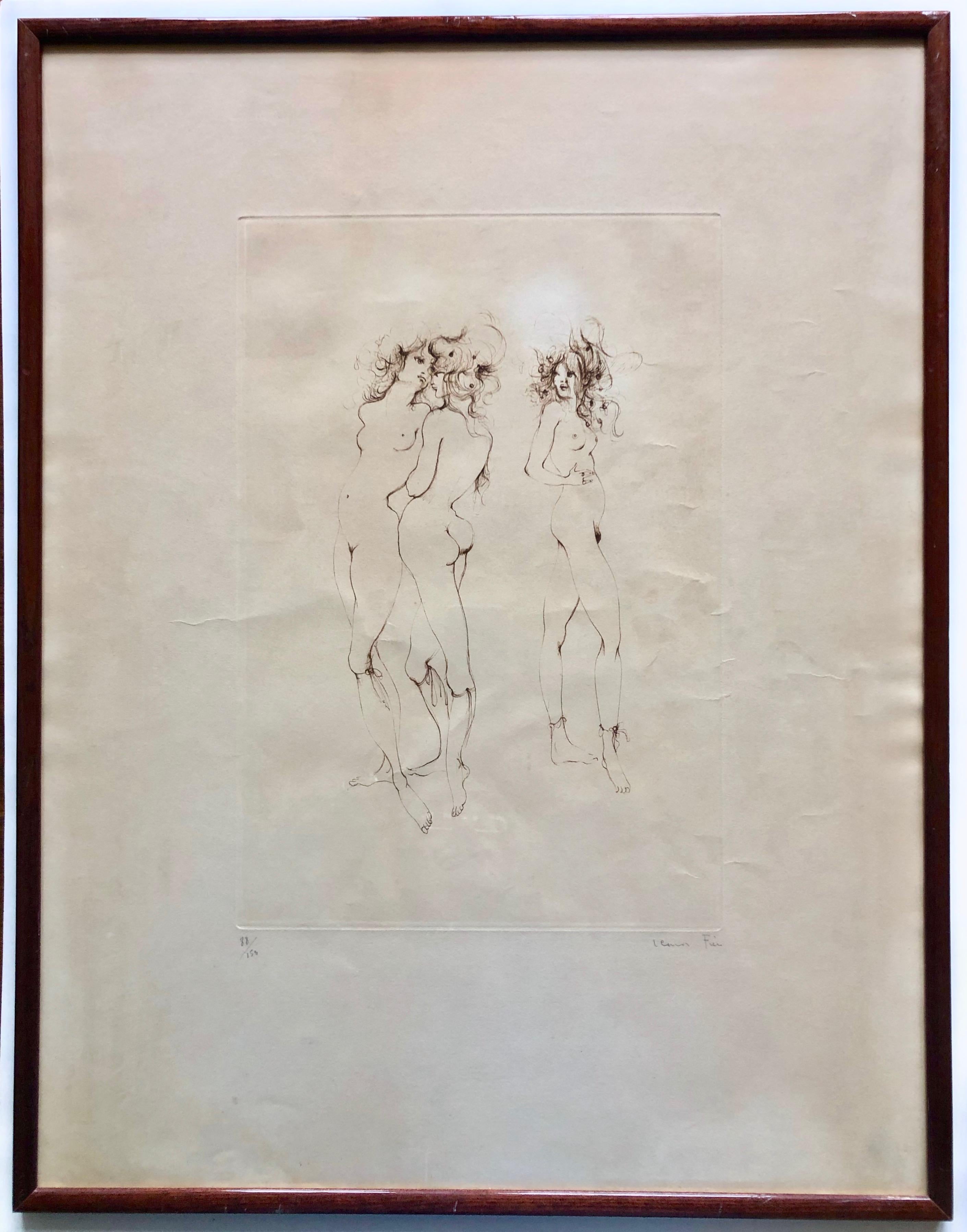 This is a framed, signed and numbered etching by artist Leonor Fini. It is the subject of three standing naked women and numbered 88/150.  The black frame is size 26.75 x20.75.
Leonor Fini (1907–1996) is considered one of the most important women