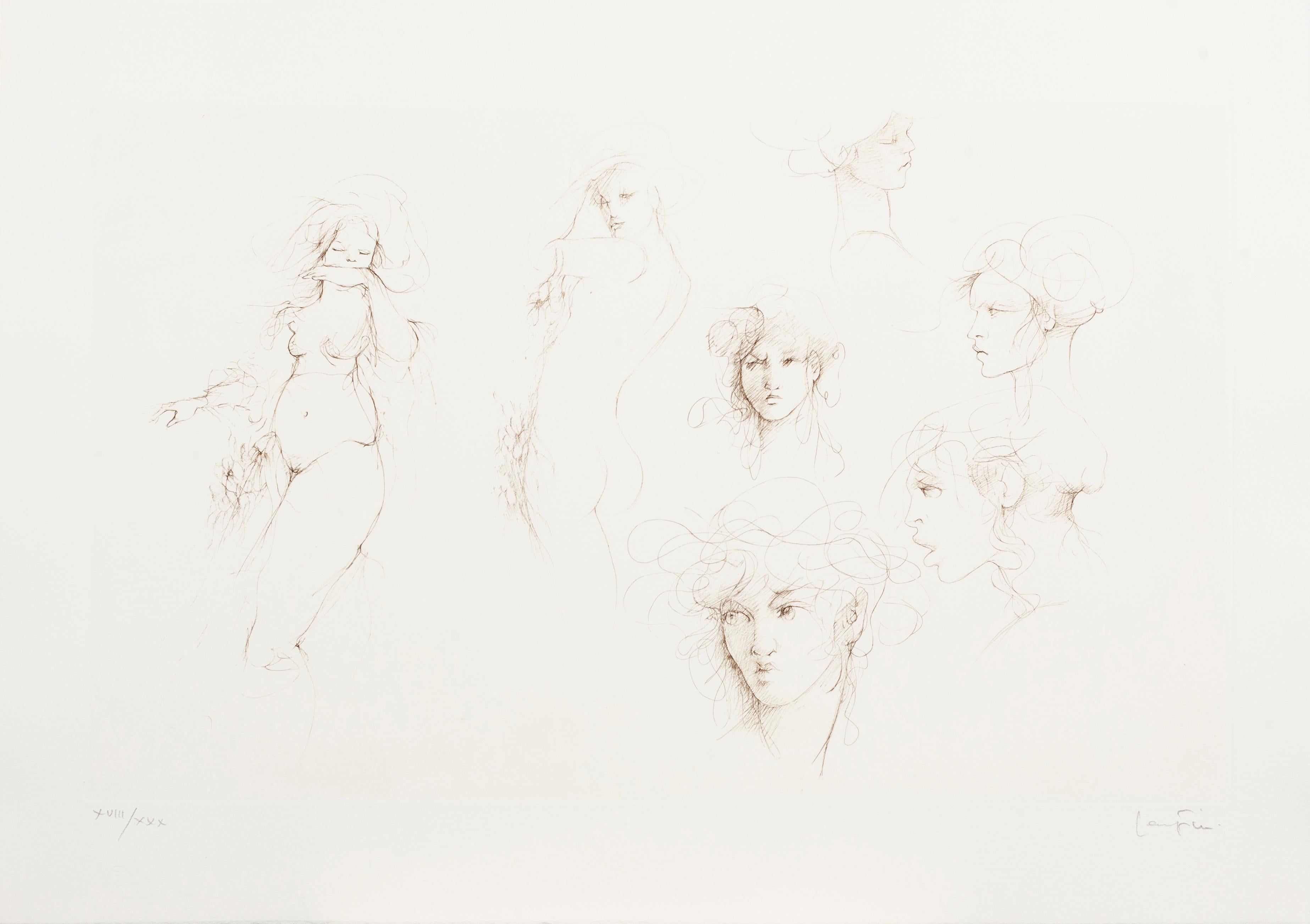 Leonor Fini Animal Print - Heads and Figures Variations (A)