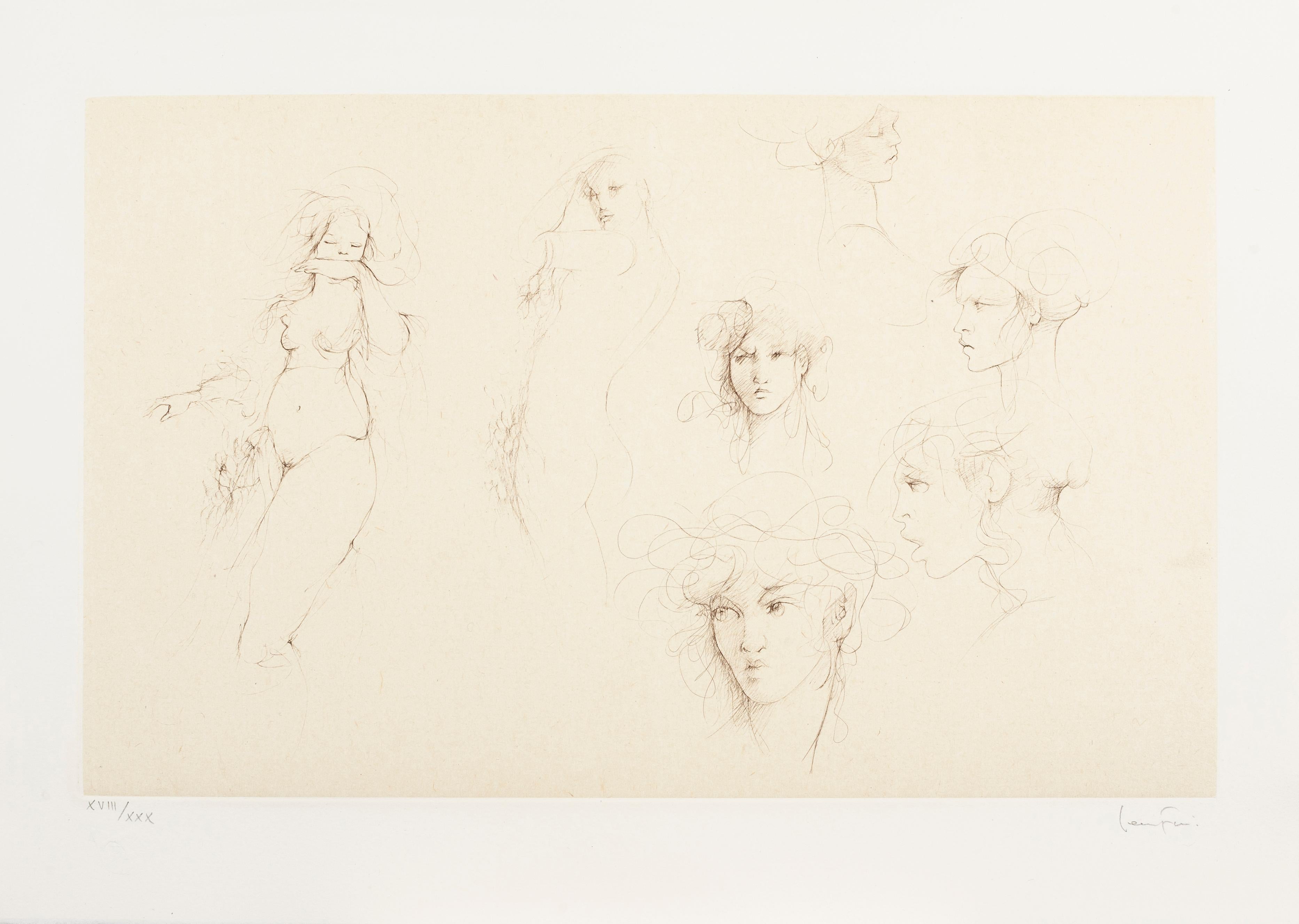Figurative Print de Leonor Fini - Variaciones de cabezas y figuras (B)