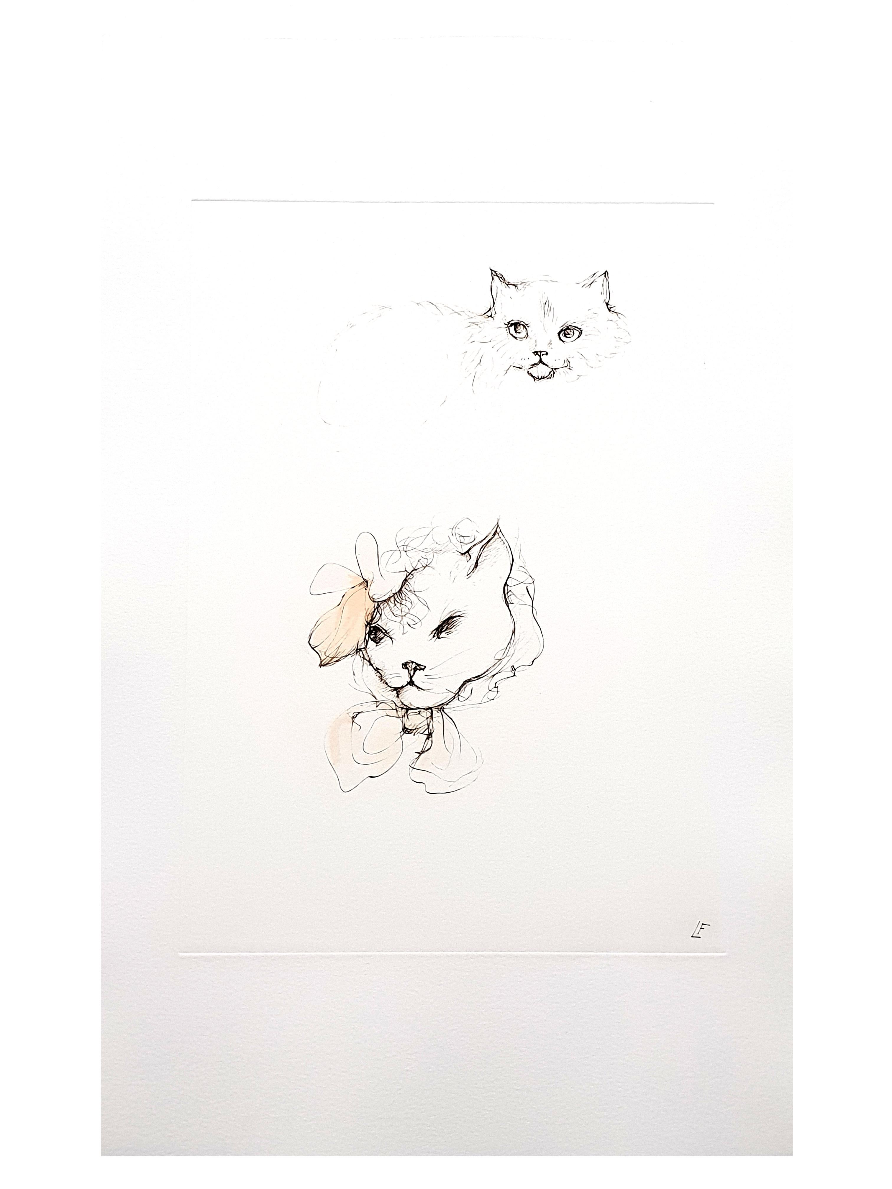Leonor Fini - Cats - Original Engraving
Mme.Helvetius' Cats
Original etching created in 1985, Printed Signature (LF).
Conditions: excellent
Edition: 100 
Support: Arches paper.
Dimensions: Paper dimensions: 44 x 28 cm 
Editions: Moret,