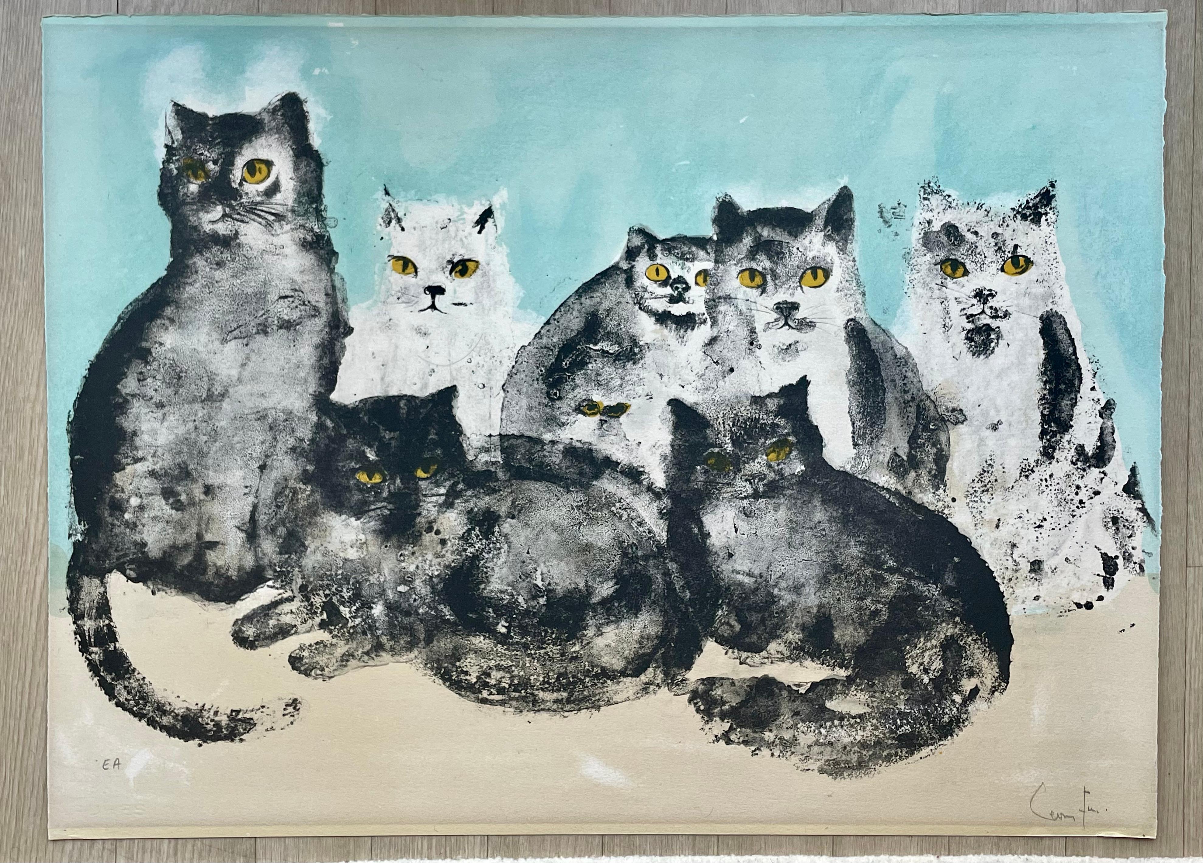Leonor Fini, Cats, rare lithograph on Rives paper, circa 1970 For Sale 9