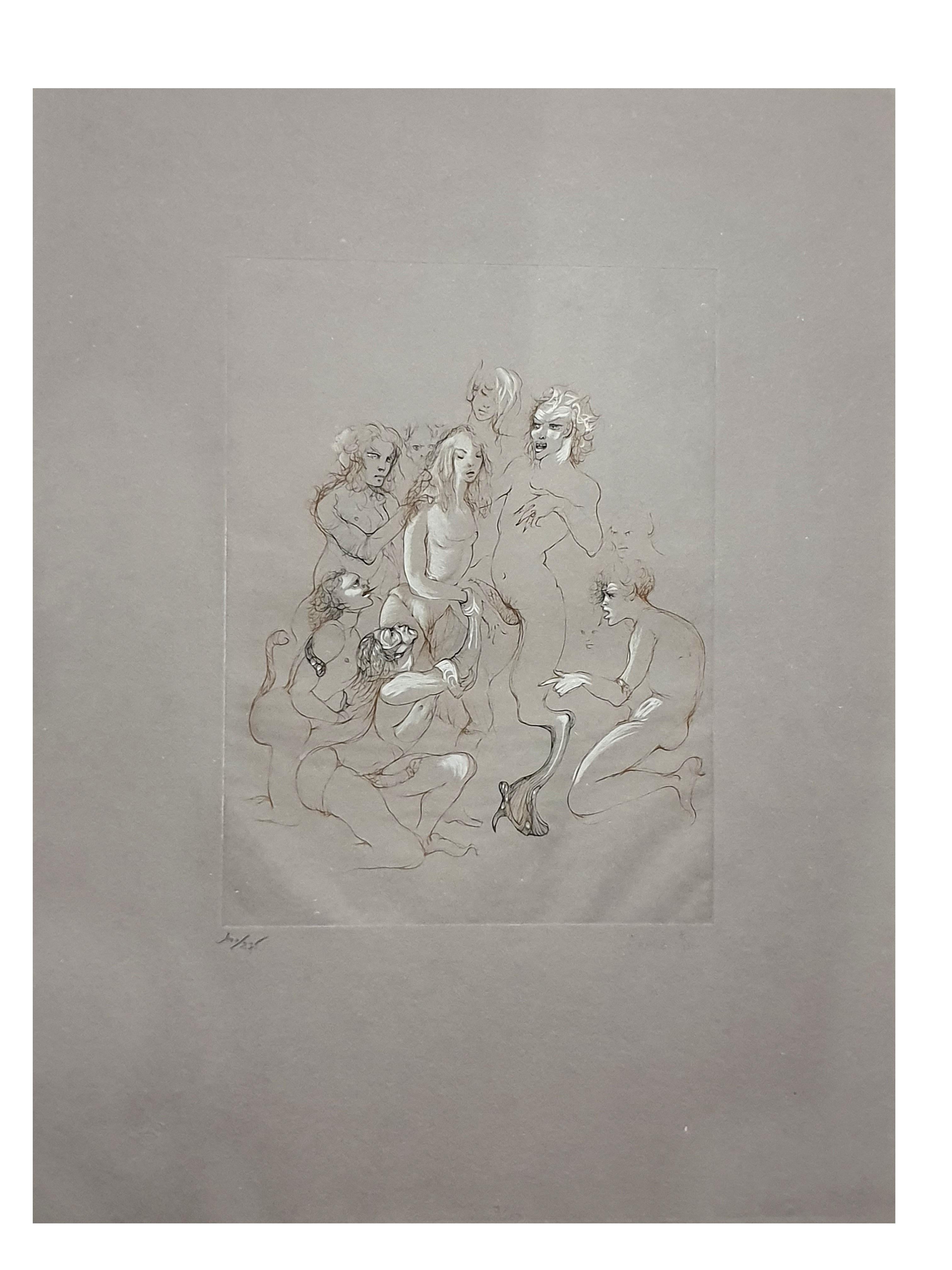 Originale, handsignierte Lithographie von Orgy von Orchidee Fini – Print von Leonor Fini