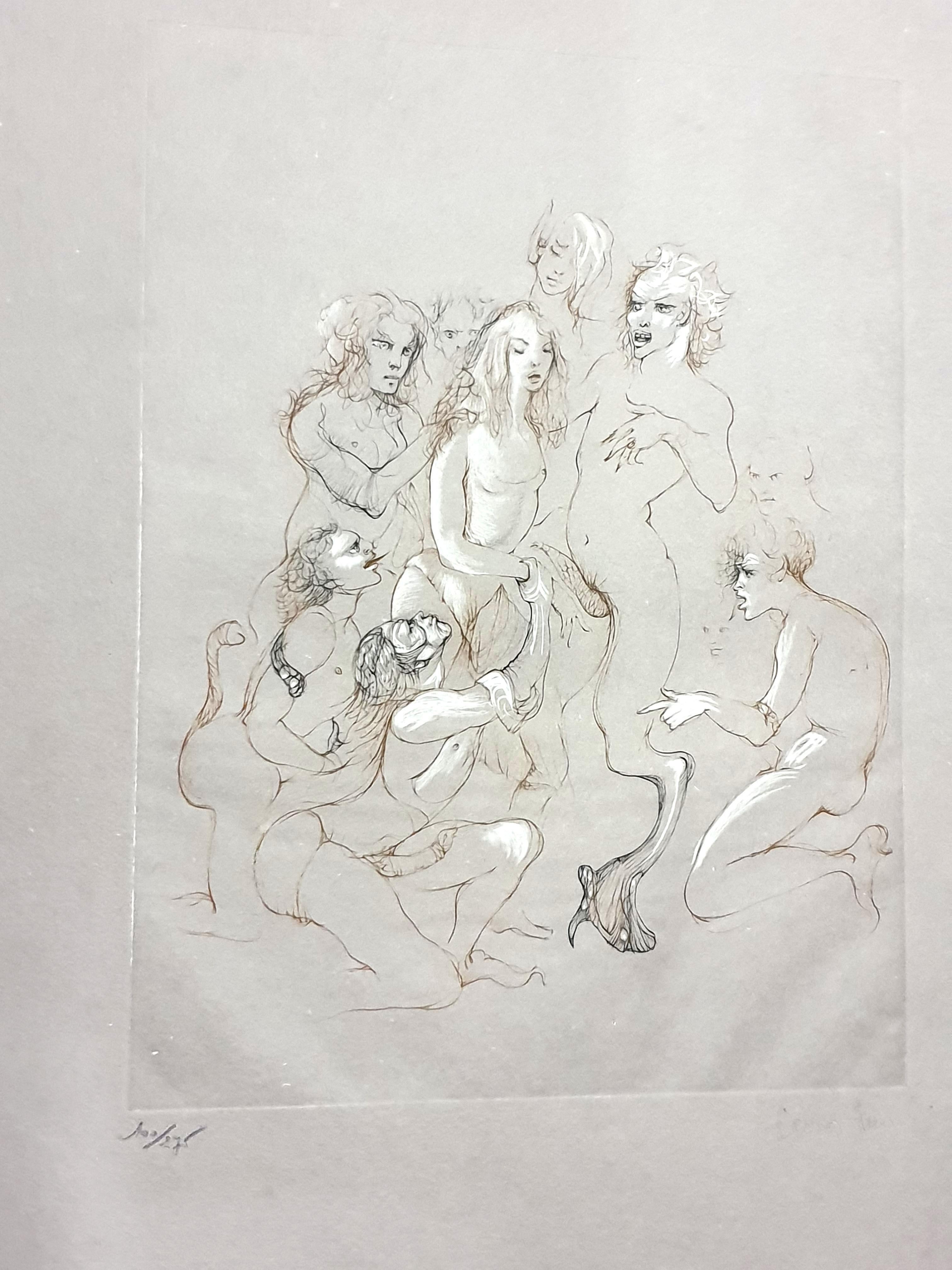 Leonor Fini Figurative Print – Originale, handsignierte Lithographie von Orgy von Orchidee Fini