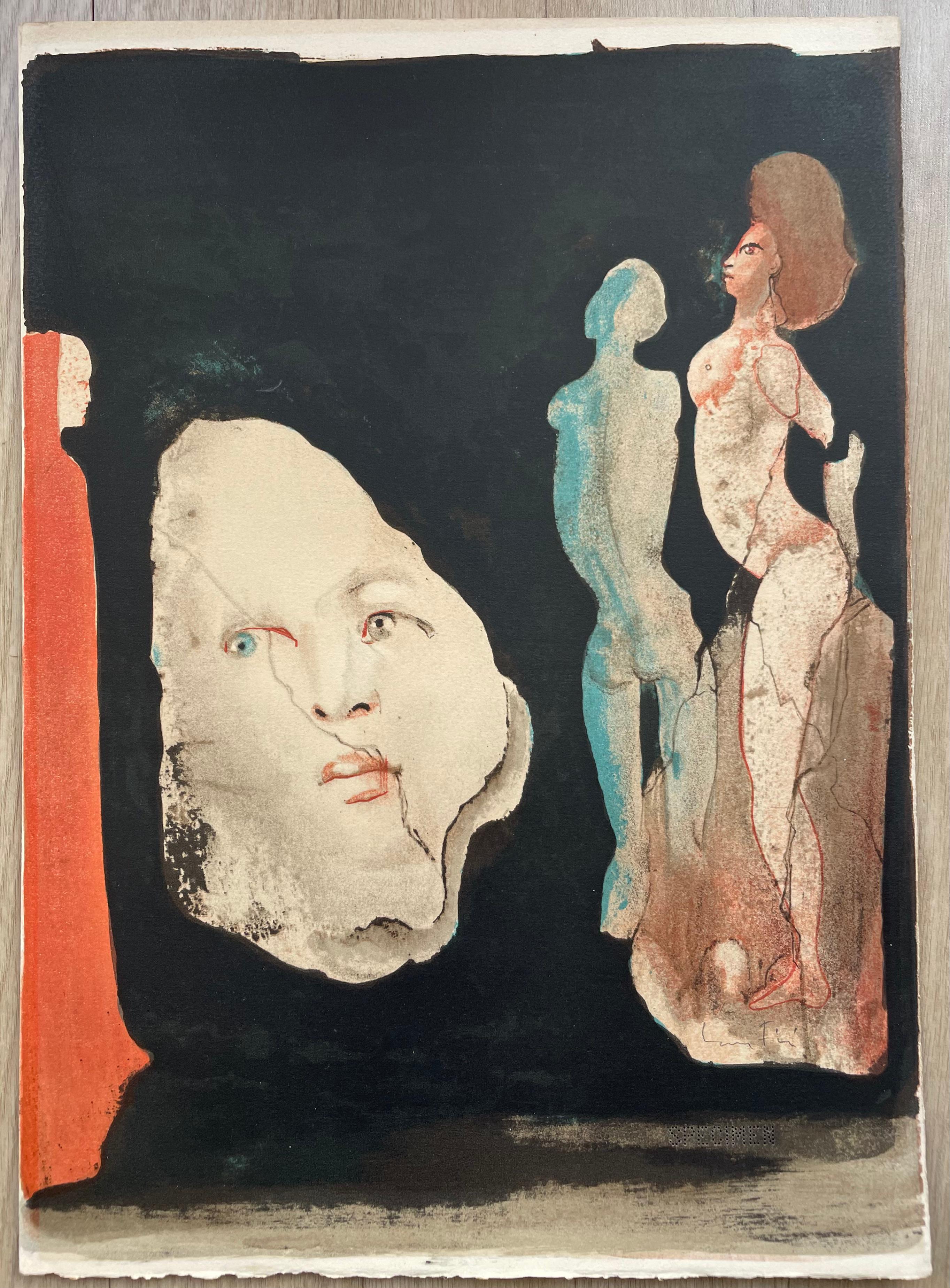 Rara litografia dell'artista surrealista Leonor Fini. Questa stampa firmata è in perfette condizioni e proviene da una serie molto ricercata, intitolata Satyricon, che tratta della Roma antica e delle sue imprese e baccanali. Venduta con il suo