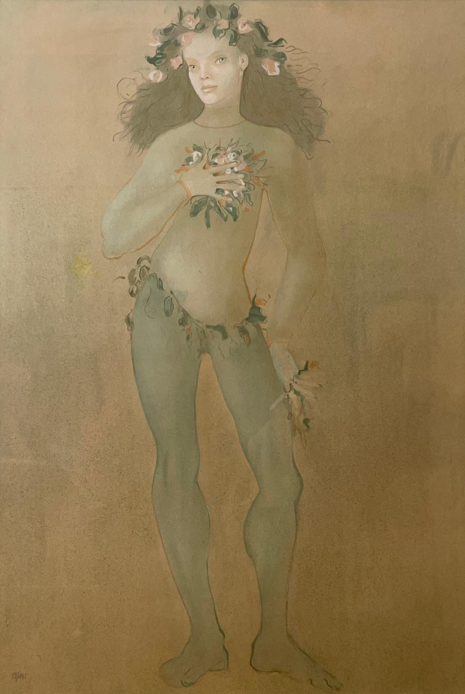Rara estampa numerada de la artista surrealista Leonor Fini, hoy redescubierta y cada vez más apreciada con el movimiento de redescubrimiento del arte realizado por mujeres. Representa una bella figura femenina con flores, que recuerda tanto al arte