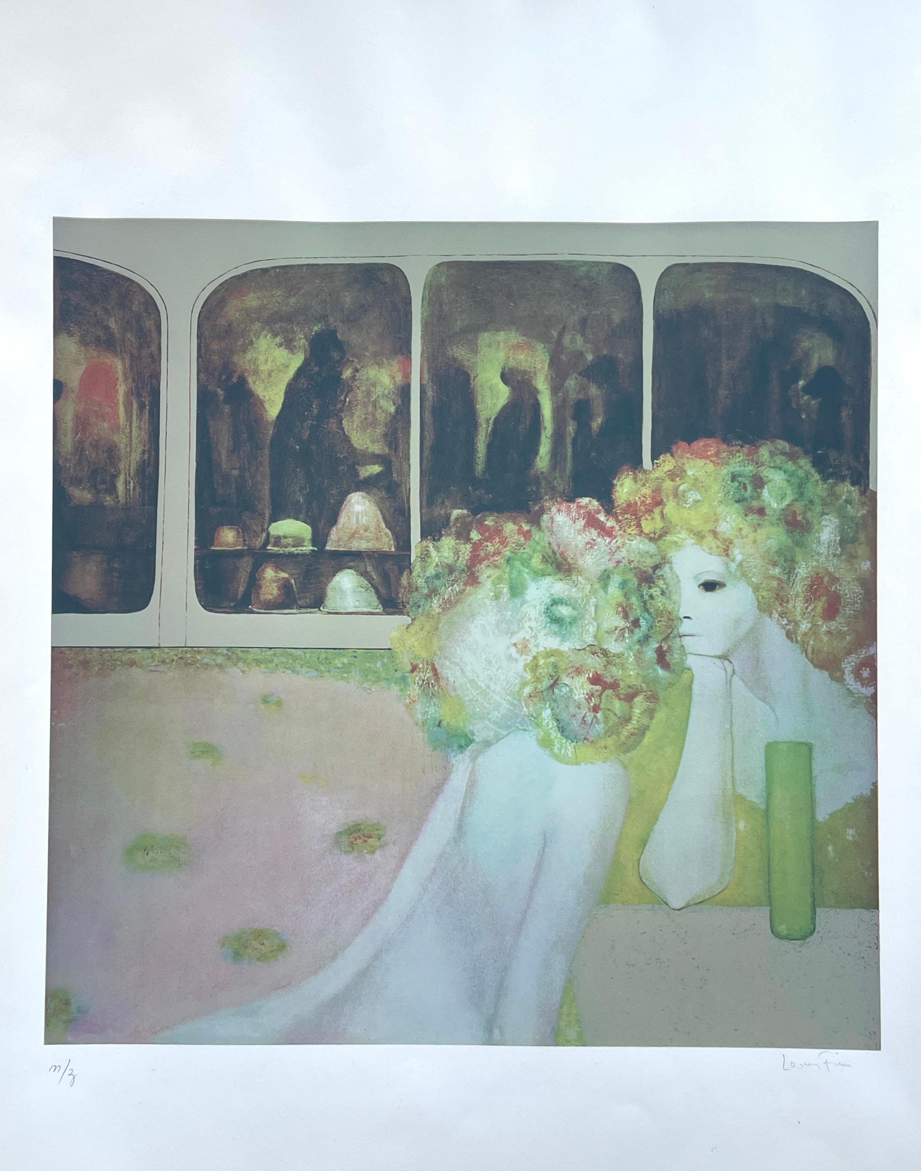 Rara estampa firmada a mano por la artista surrealista Leonor Fini, cada vez más apreciada por el movimiento de redescubrimiento del arte realizado por mujeres. Esta serigrafía está en perfecto estado y pertenece a una serie muy rara numerada sobre