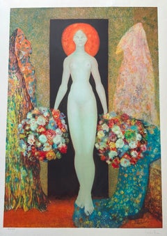 Leonor Fini, grabado poco común, mujer con flores