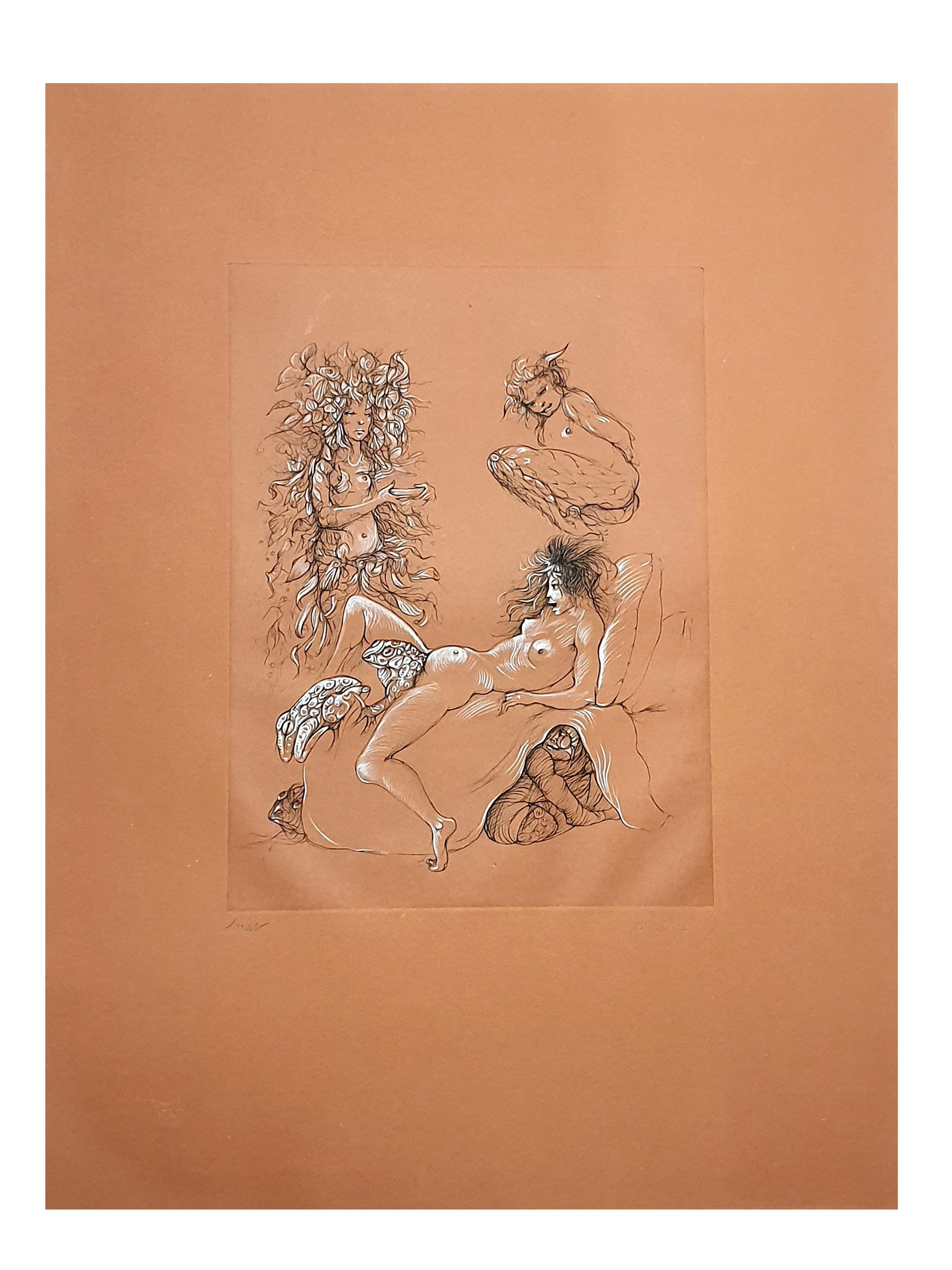 Leonor Fini Nude Print – Fini-Perlen von Goldbronze  - Originale, handsignierte Lithographie