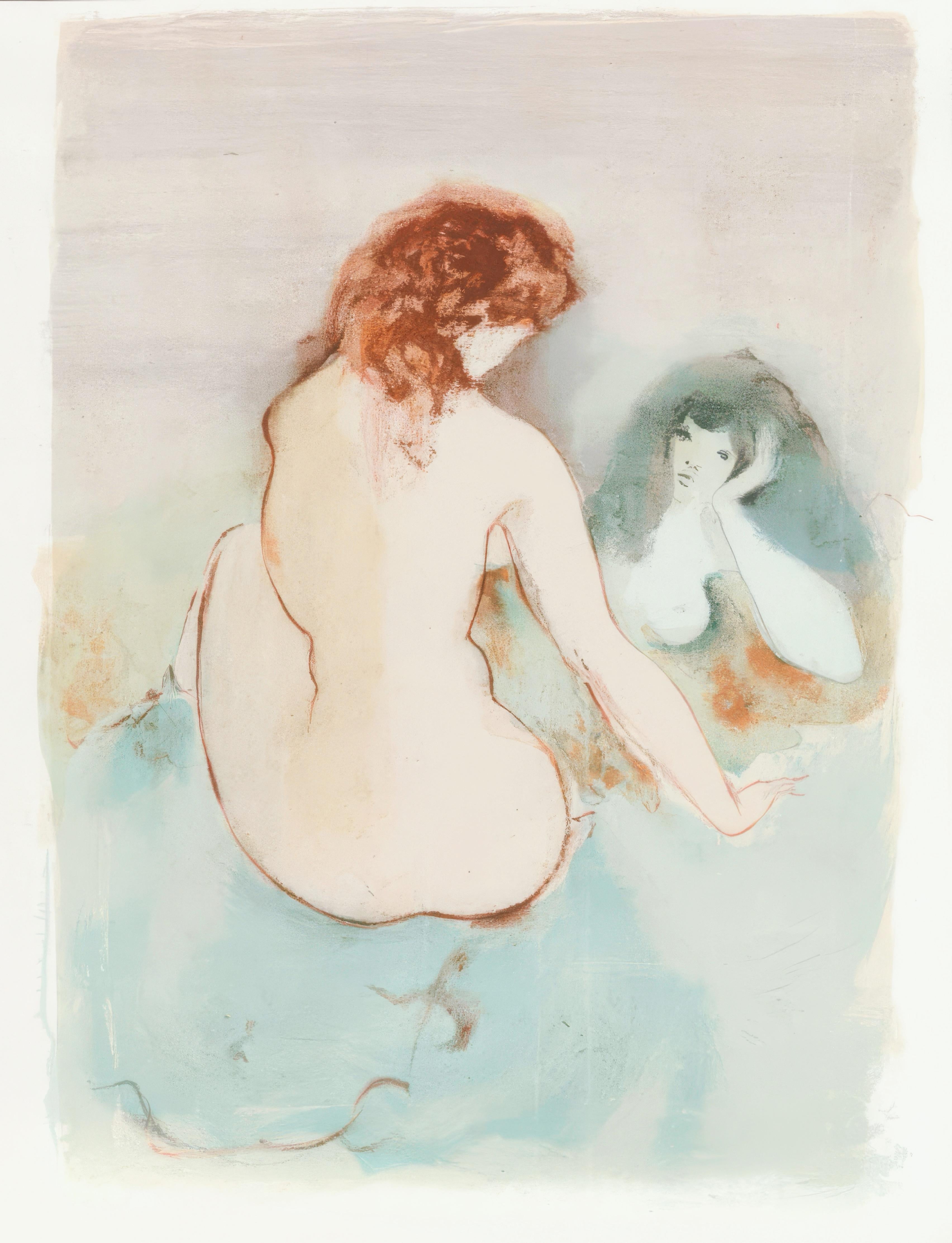 Cette exquise lithographie, intitulée Sans titre, par Leonor Fini, tirée de l
ouvrage Parallelement, Illustré de lithographies originales de Leonor Fini, 1969, a été publiée et imprimée par Pierre de Tartas, Paris-Bièvres, Paris, 1969. Exécutée en