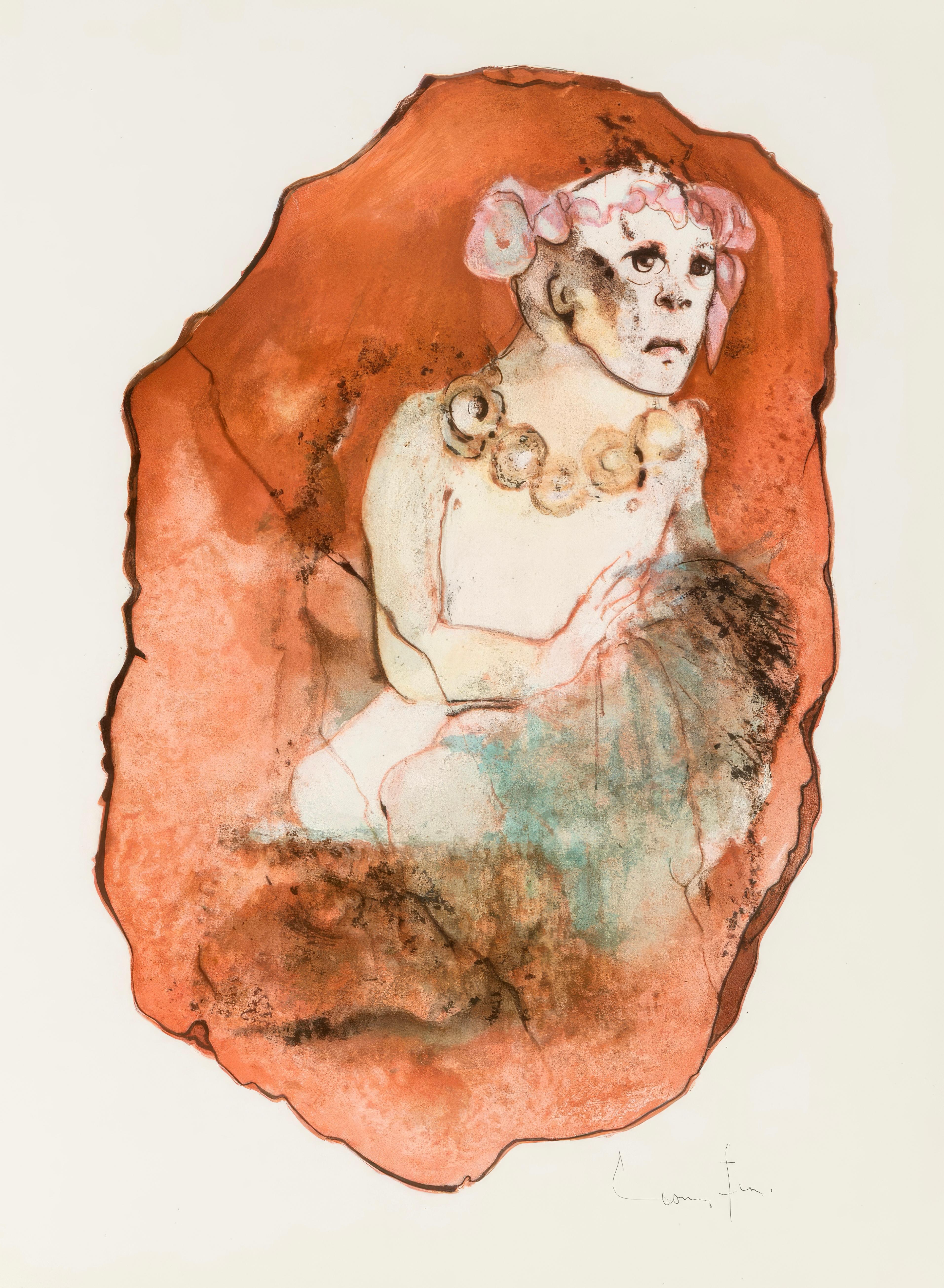 This exquisite lithograph by Leonor Fini (1907–1996), titled Sans titre (Untitled), from the album Satiricon, originates from the 1970 edition published by Ariane Lancell, Editeur, Paris; printed by Guillard, Gourdon et Cie, Paris, September 19,
