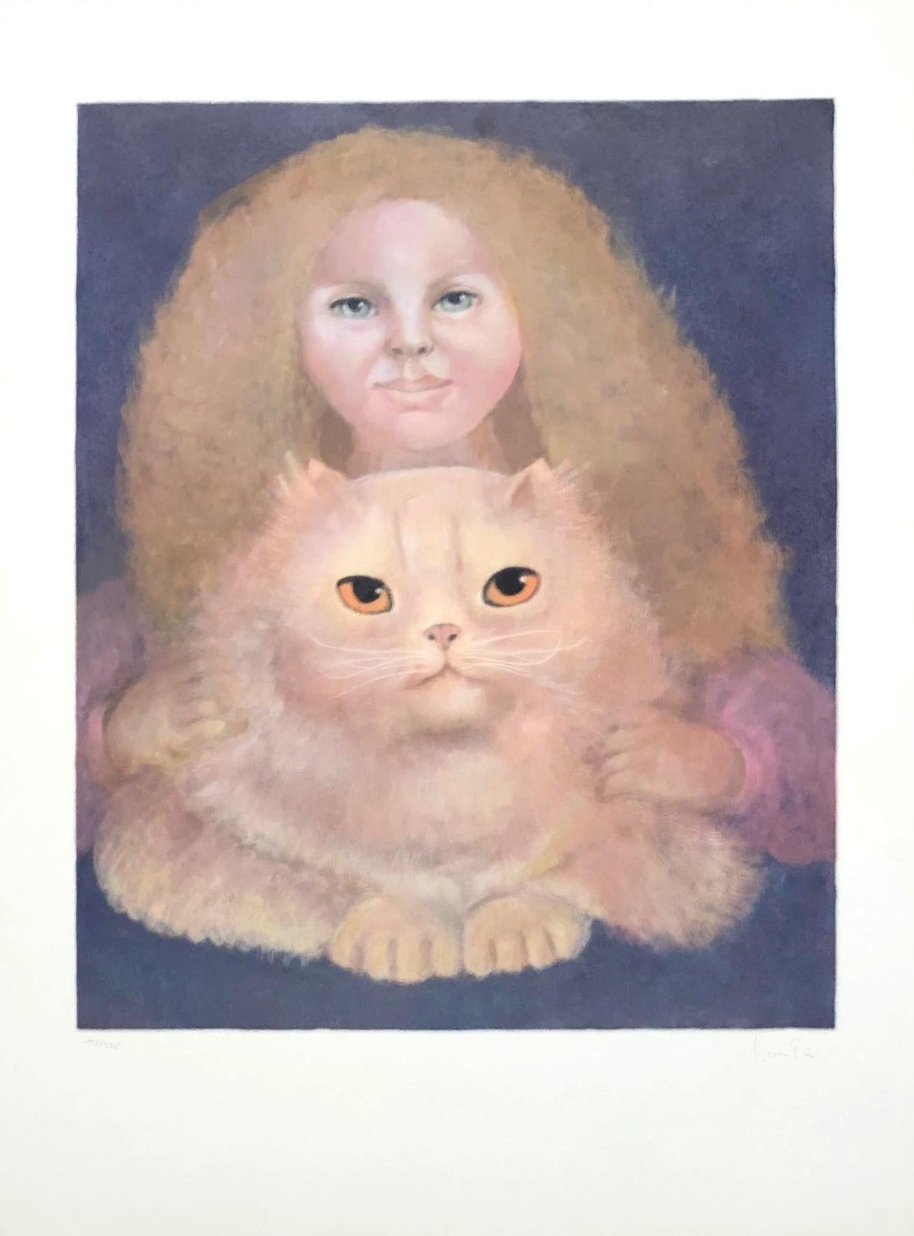 Leonor Fini Portrait Print - Little Girl With a Cat - Original Lithograph Handsigned Numbered