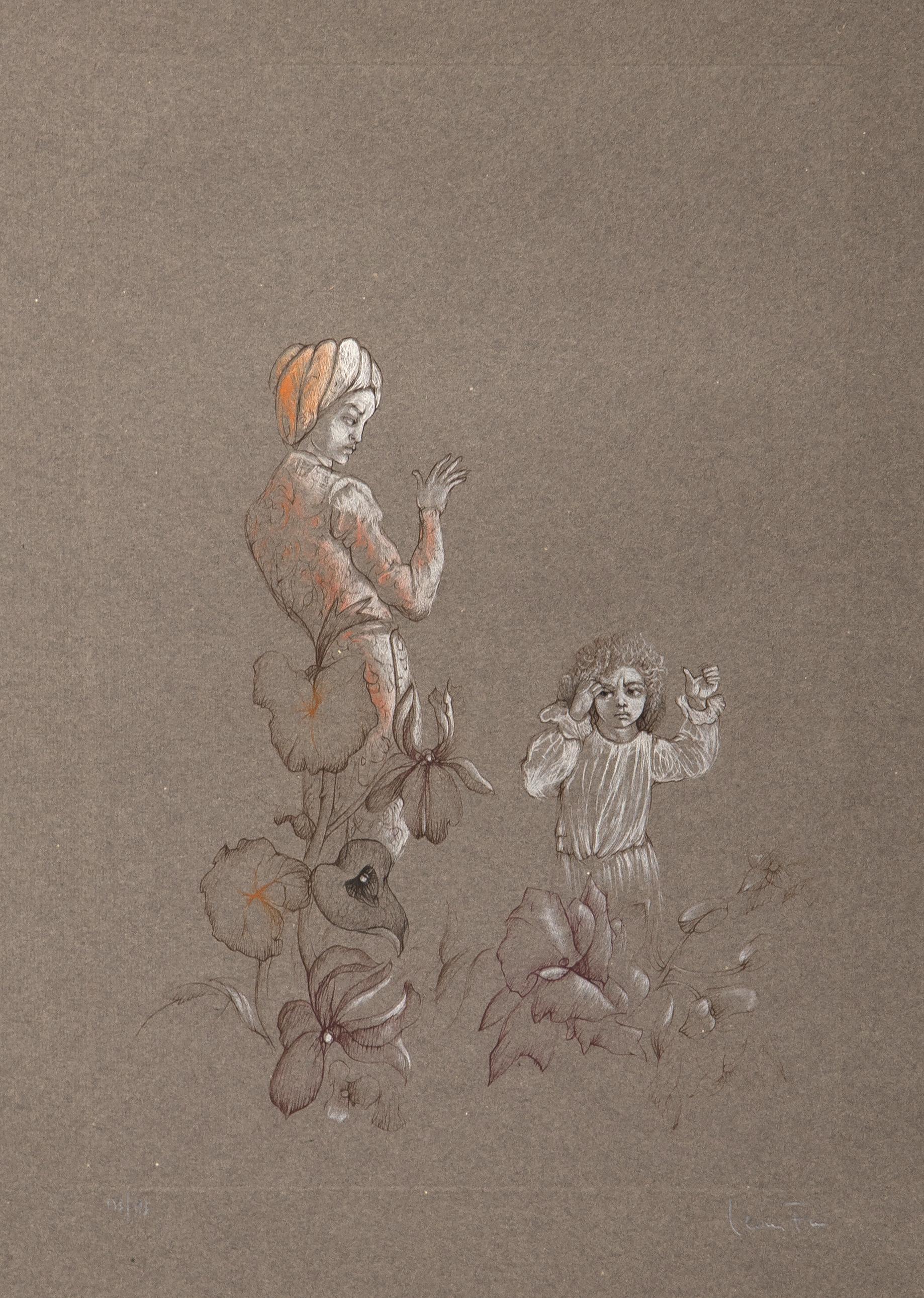 Mère et enfant
Leonor Fini, Argentine/France (1918-1996)
Gravure en couleurs sur Japon, signée et numérotée au crayon
Édition de 153/186
Taille de l'image : 18 x 12 pouces
Taille : 26.5 x 19 in. (67.31 x 48.26 cm)