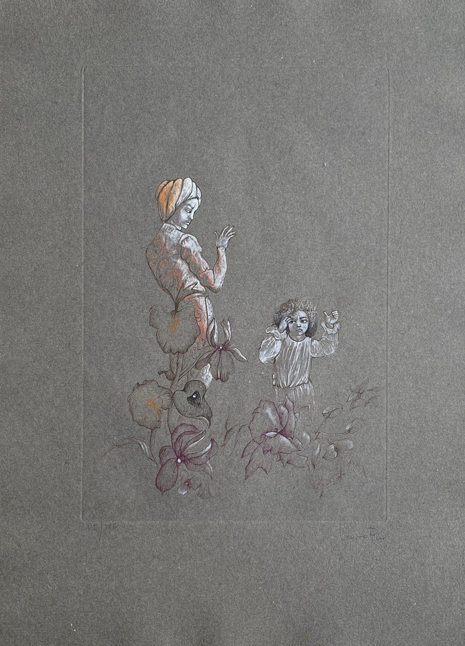 Mother, Child and Flowers - Original Etching Hand Signed & Numbered 