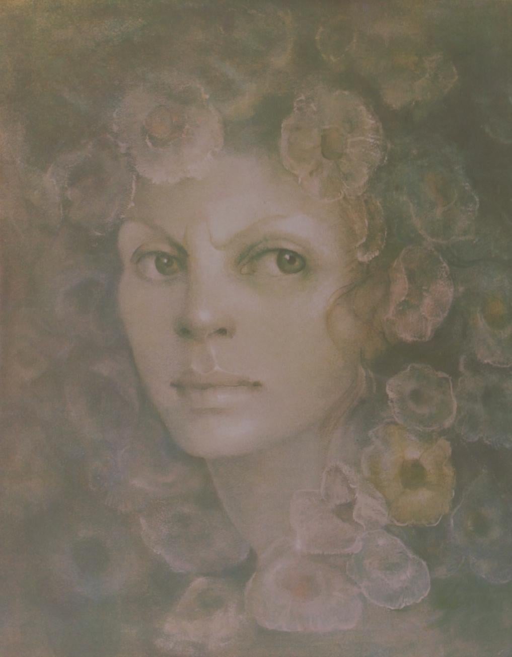 Portrait with flowers, Leonor Fini (1907-1996) Women Surrealist, Lithograph 1960