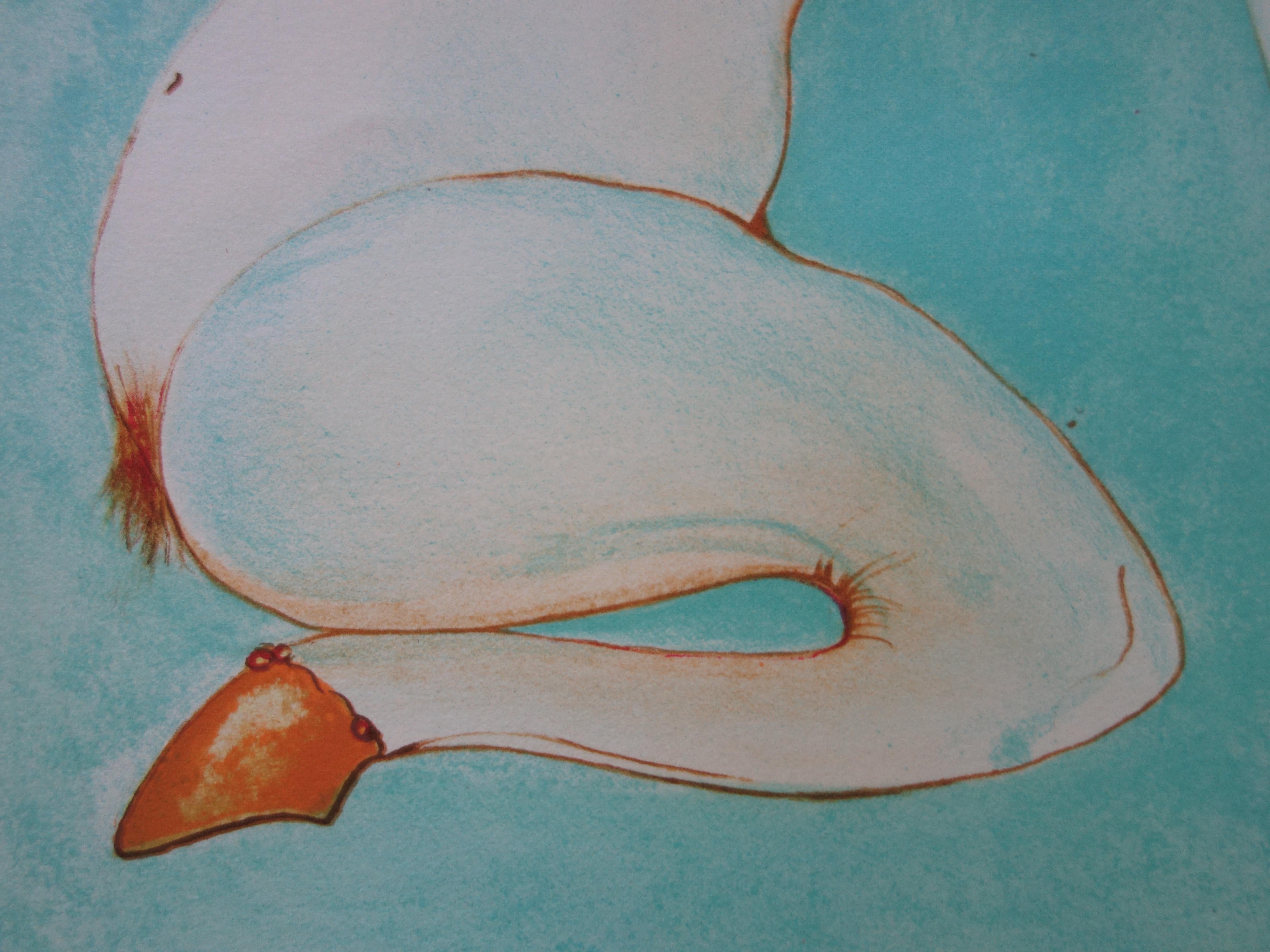 Surrealist Sphinx Woman - Original handsigned lithograph - Gray Figurative Print by Leonor Fini