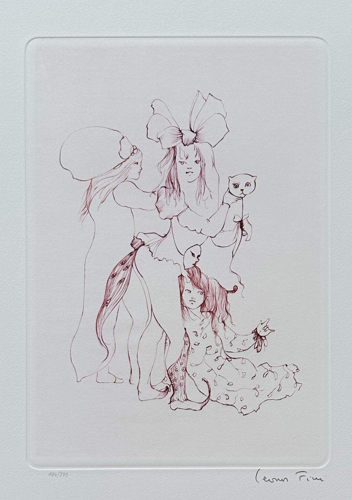 Trois sœurs avec un chat - Gravure originale signée et numérotée à la main - Print de Leonor Fini