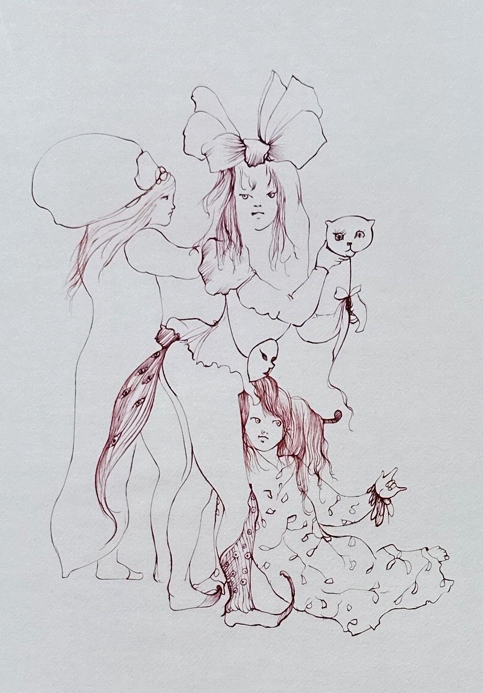 Trois sœurs avec un chat - Gravure originale signée et numérotée à la main - Surréalisme Print par Leonor Fini