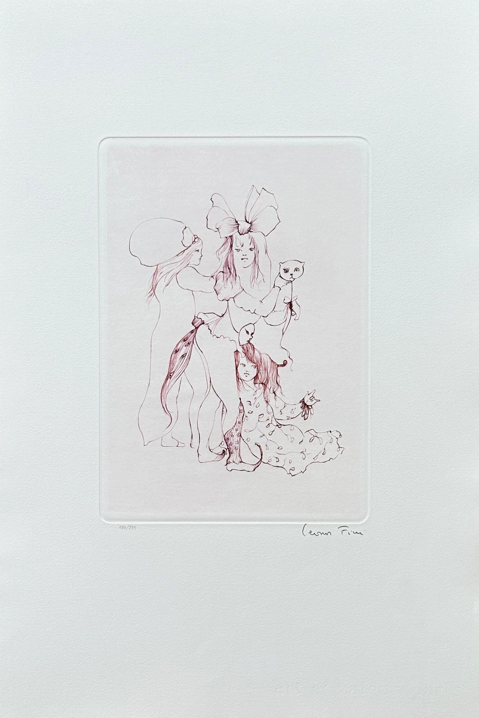 Figurative Print Leonor Fini - Trois sœurs avec un chat - Gravure originale signée et numérotée à la main