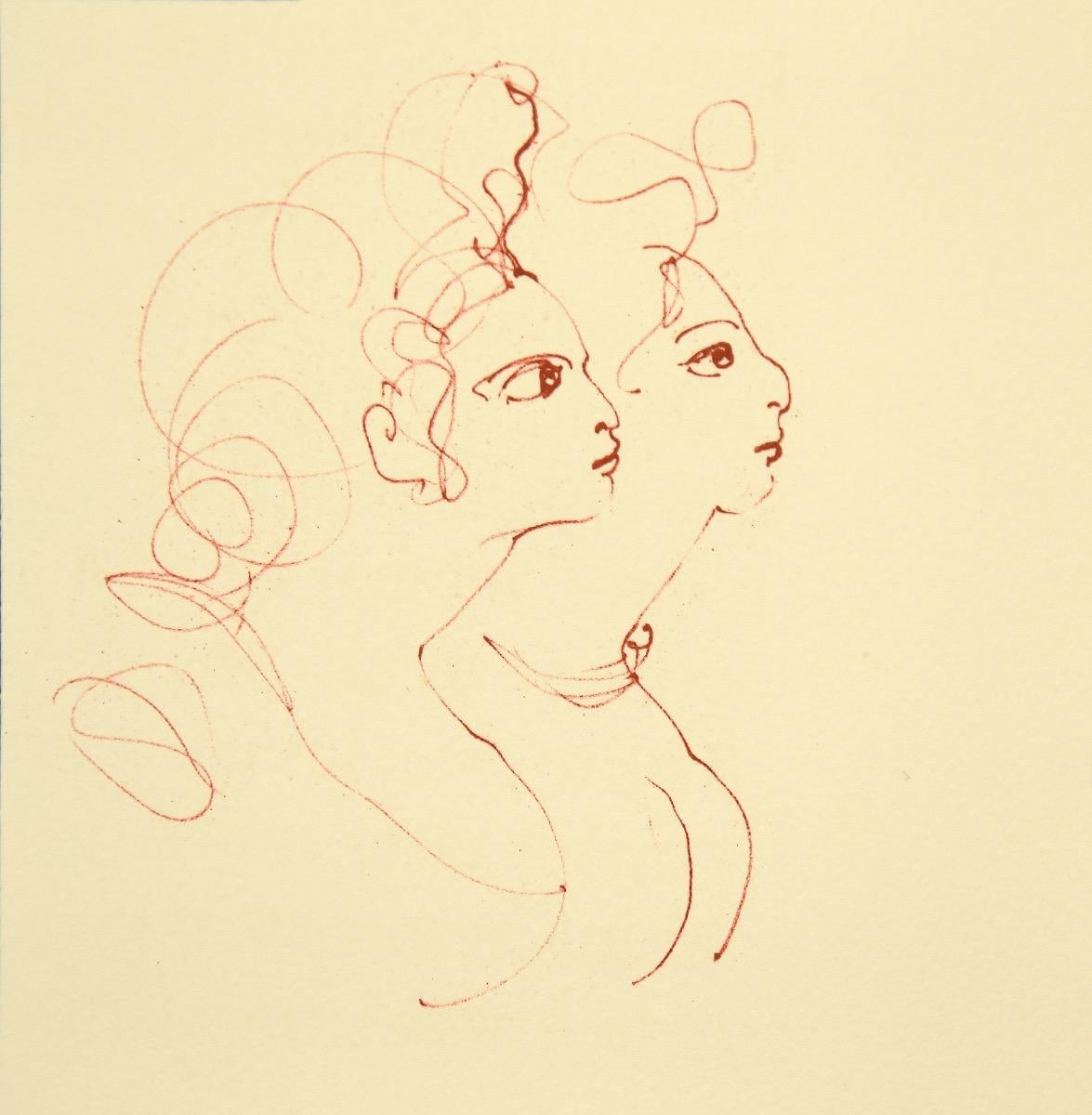 Dos caras es una litografía original coloreada sobre cartón, realizada por Leonor Fini, pintora argentino-italiana que desarrolló su carrera artística en Francia y estuvo vinculada al movimiento surrealista.

En muy buen estado.

La obra representa
