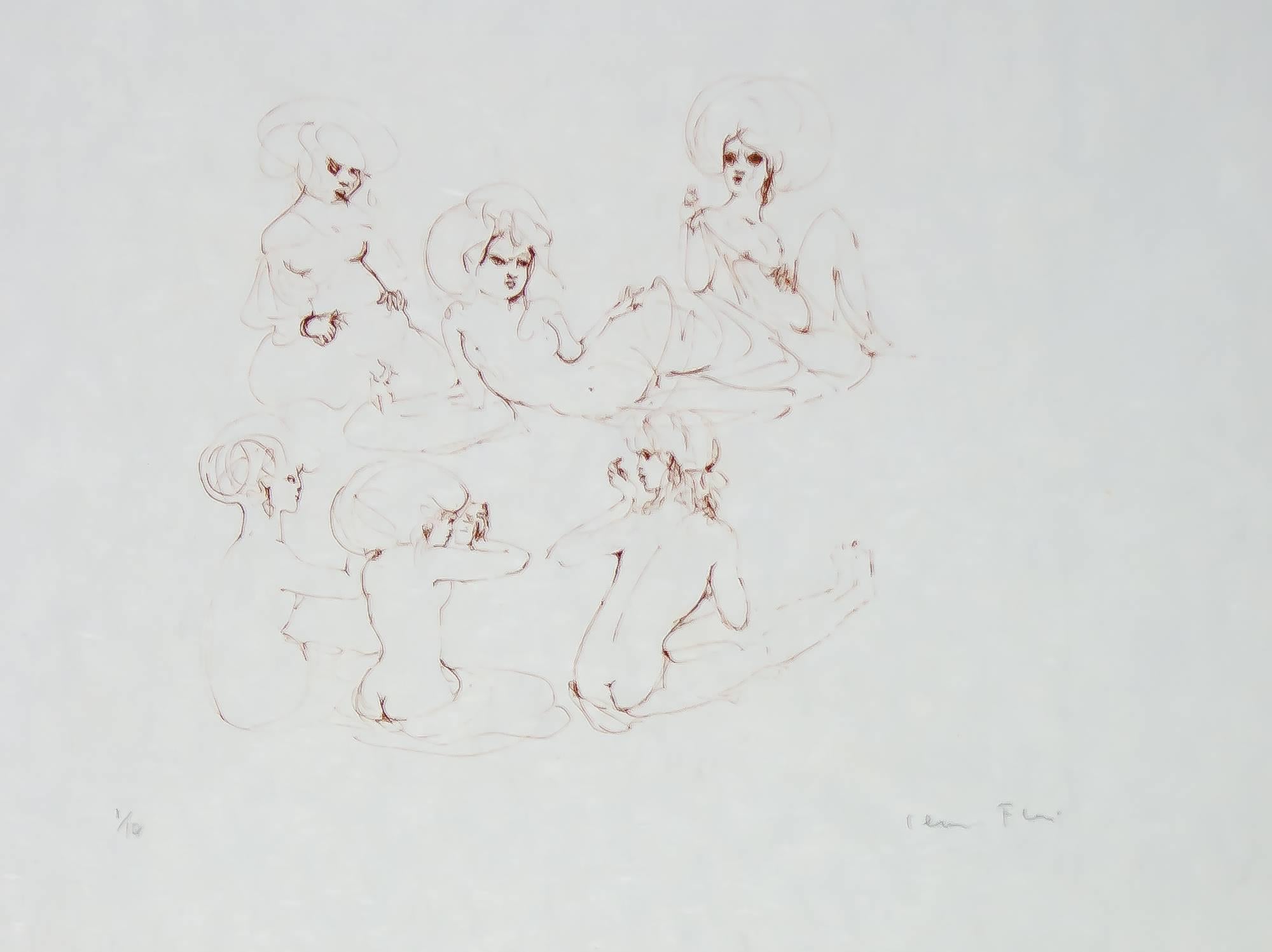  Leonor Fini Erotica II représente six femmes nues dans différentes poses, assises en cercle. Il s'agit d'une gravure à tirage limité signée, numérotée 1 sur 10.  Le papier est très fibreux et le format du papier est de 17,75 x 25  Taille de l'image