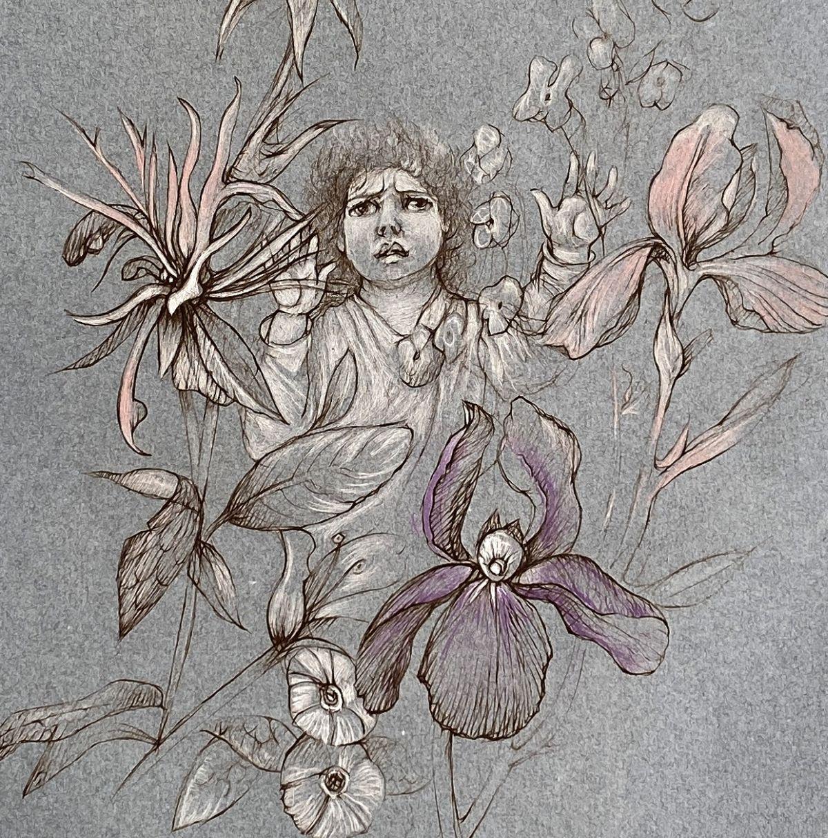 Young Girl With Flowers – Junges Mädchen mit Blumen – Original-Radierung, handsigniert und nummeriert  (Surrealismus), Print, von Leonor Fini