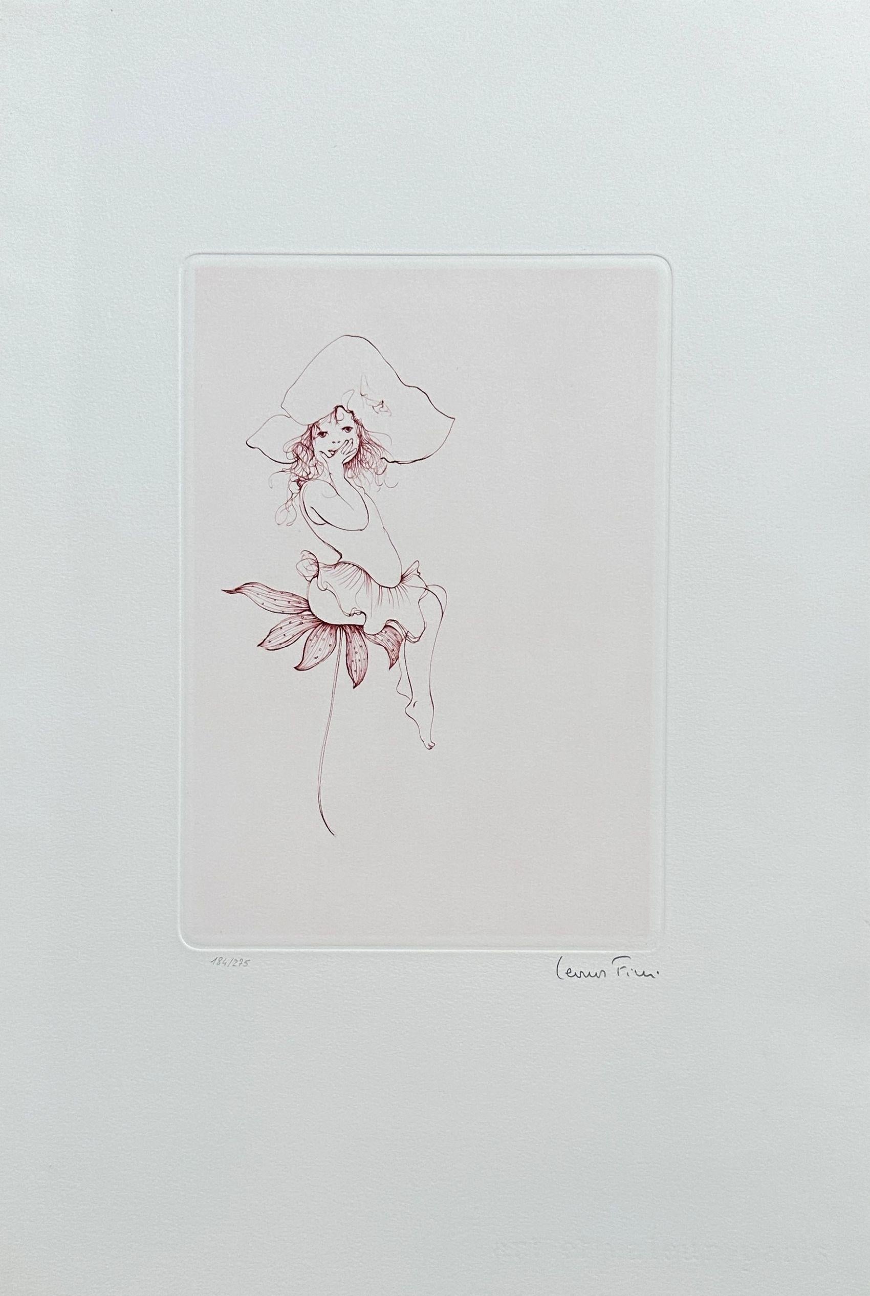 Leonor Fini Figurative Print - Young Lady With Flower - Original Etching Hand Signed & Numbered