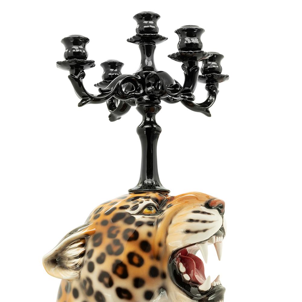 Hand-Painted Leopard Candleholder Sculpture For Sale