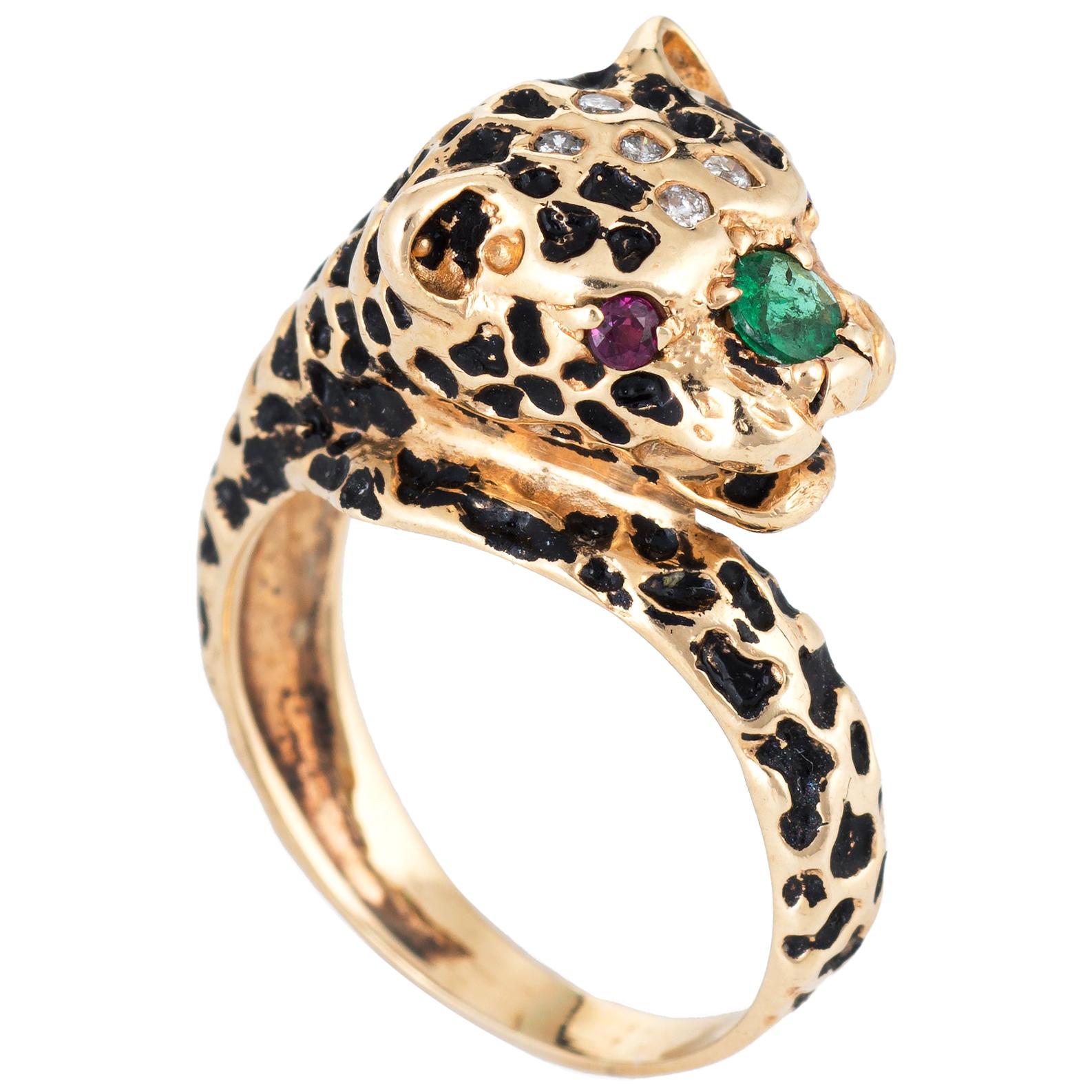 Leopard Cat Ring Vintage 14 Karat Yellow Gold Ruby Eyes Enamel Emerald Diamond