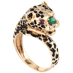 Leopard Cat Ring Vintage 14 Karat Yellow Gold Ruby Eyes Enamel Emerald Diamond