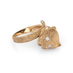 Leopard Cat Ring Vintage 14 Karat Yellow Gold Diamond Eyes Fine Estate Jewelry