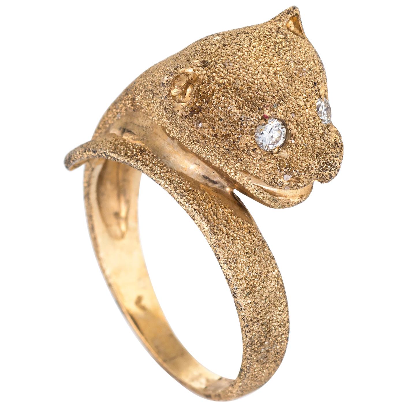 Leopard Cat Ring Vintage 14 Karat Yellow Gold Diamond Eyes Fine Estate Jewelry