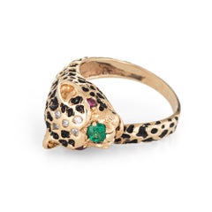Leopard Cat Ring Vintage 14 Karat Yellow Gold Ruby Eyes Enamel Emerald Diamond