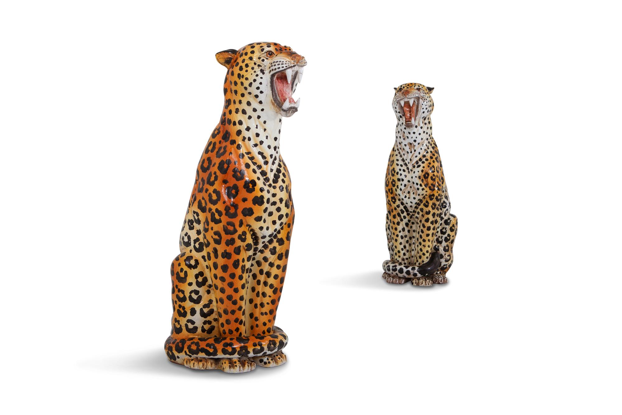 Hollywood Regency Leopard Ceramic Hand-Painted Sculptures from Italy, 1950s
