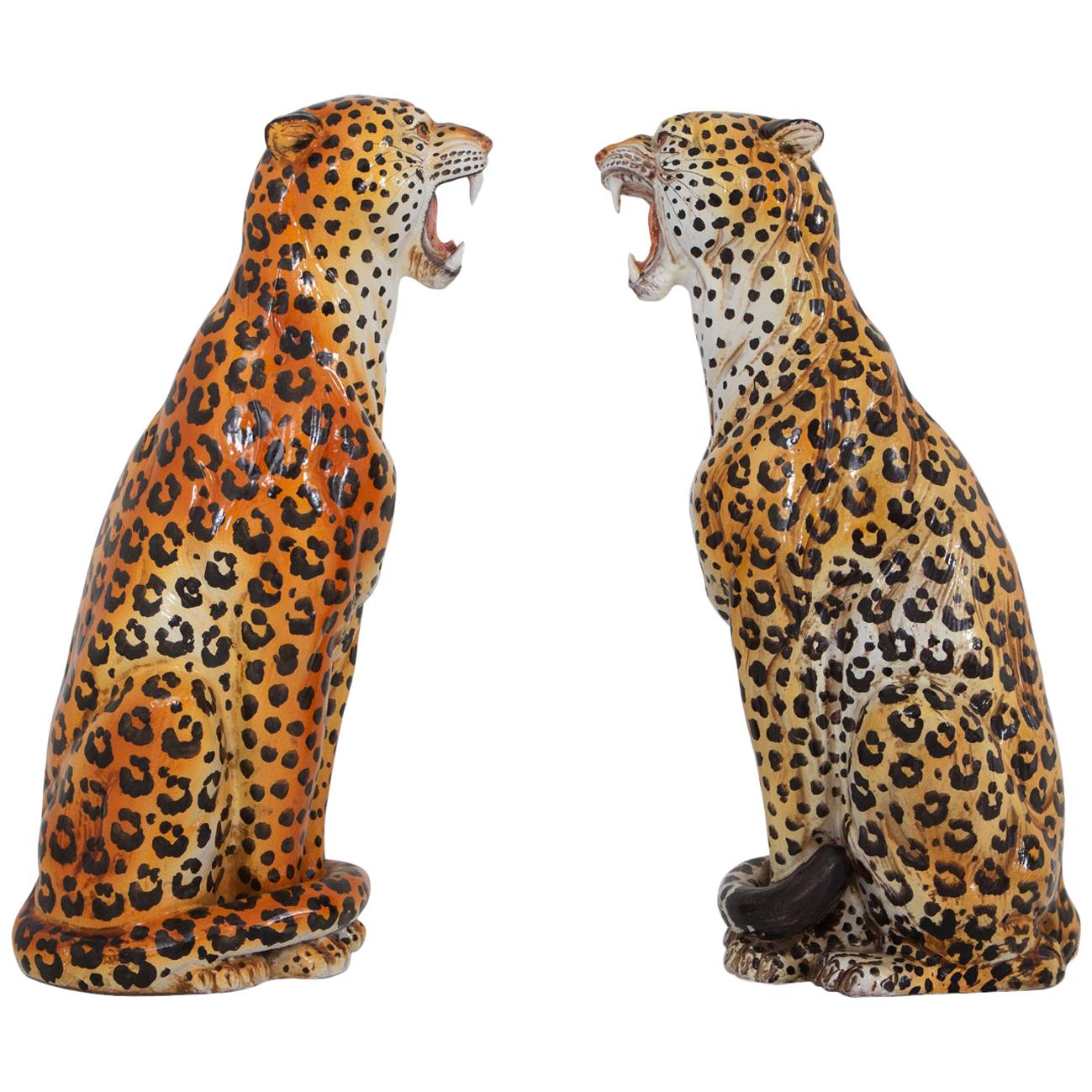 Leopard Ceramic Hand-Painted Sculptures from Italy, 1950s