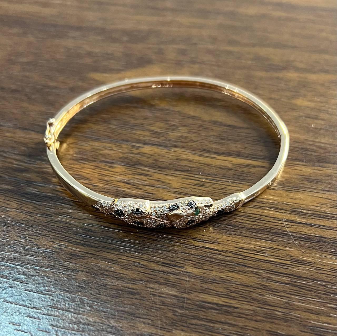 Bracelet jonc à charnières en or rose 14 carats avec léopard guépard Jaguar pavé de diamants en vente 1
