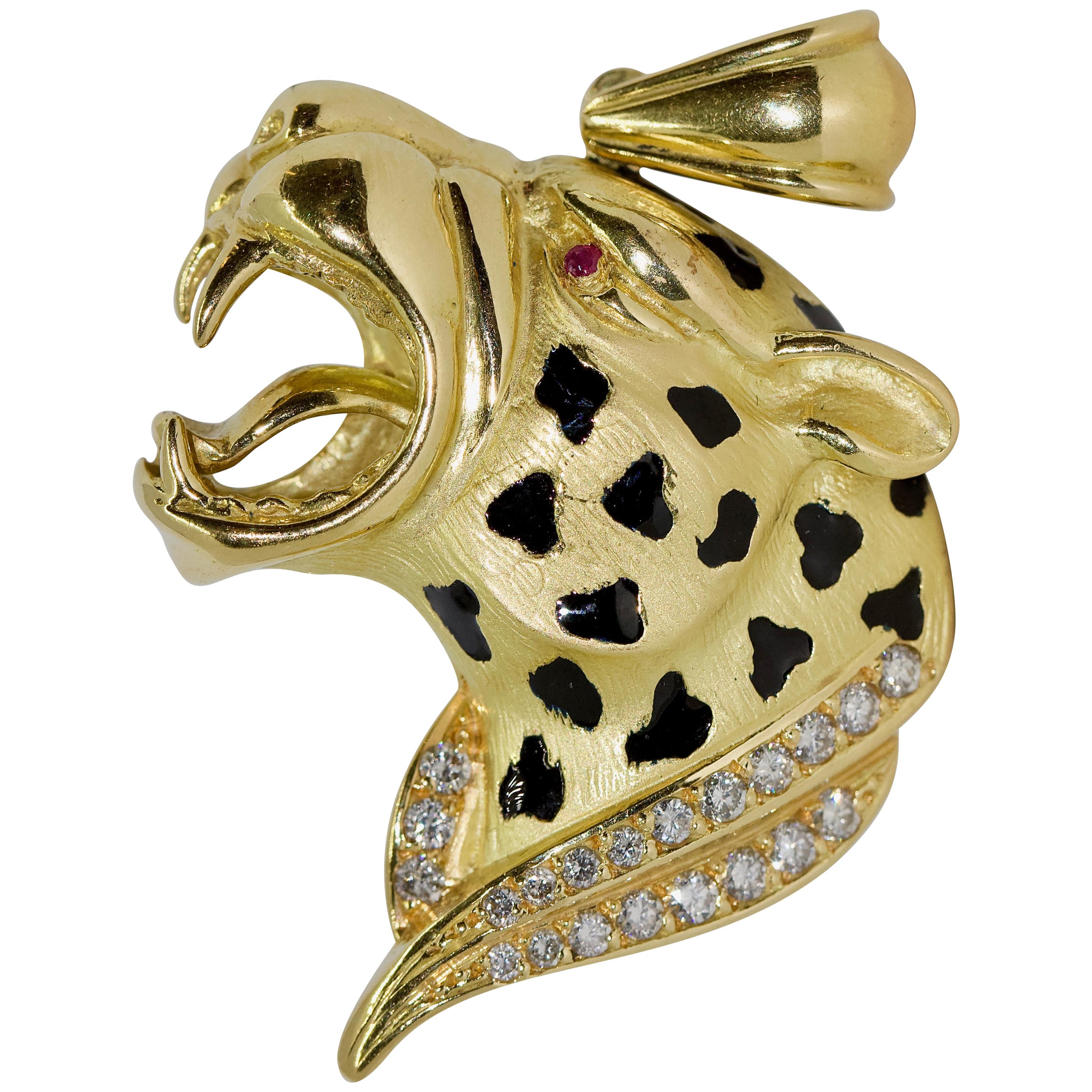 Leopard, Cheetah Pendant, Enhancer 18 Karat Gold with Enamel, Diamonds and Ruby For Sale