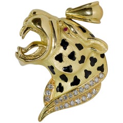 Leopard, Cheetah Pendant, Enhancer 18 Karat Gold with Enamel, Diamonds and Ruby