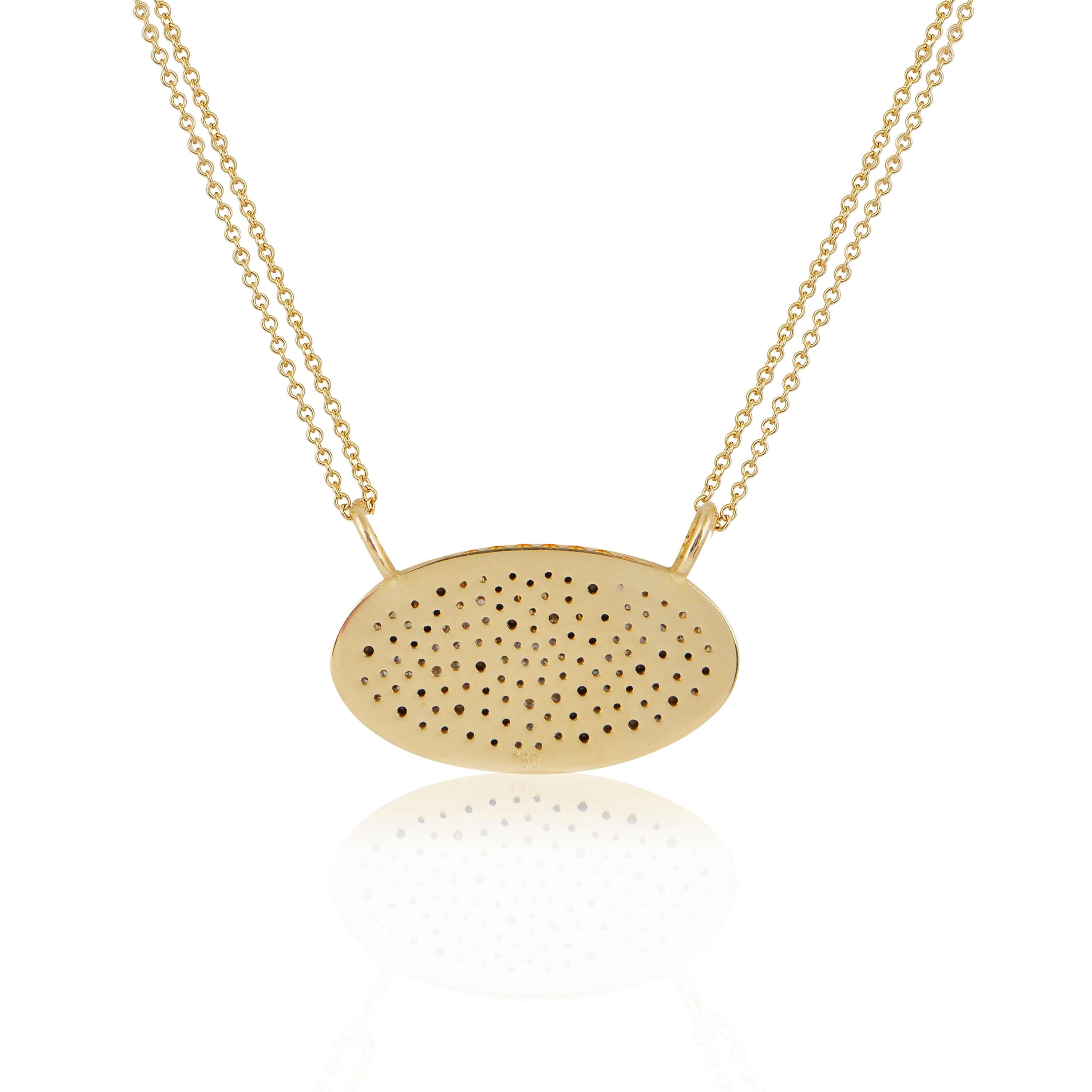 Designer: Alexia Gryllaki

Dimensions: motif 23x13mm, double-chain 800mm (half when folded)
Weight: approximately 5.9g 
Barcode: NEX2002


Leopard print oval pendant in 18 karat yellow gold with a double-chain and mosaic pavé made of round