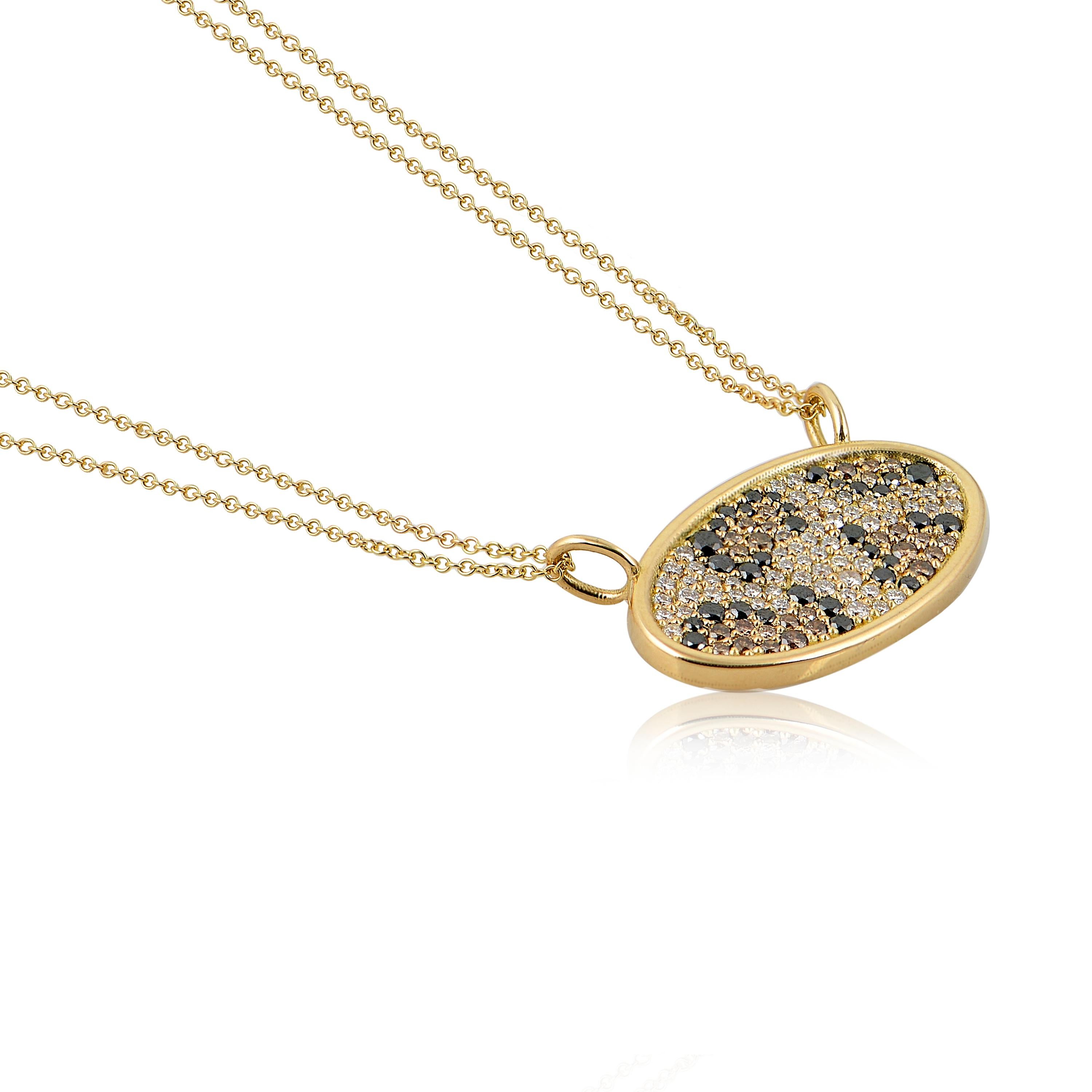 Designer: Alexia Gryllaki

Dimensions: motif 23x13mm, double-chain 800mm (half when folded)
Weight: approximately 6.1g 
Barcode: NEX2001


Leopard print oval pendant in 18 karat yellow gold with a double-chain and mosaic pavé made of round